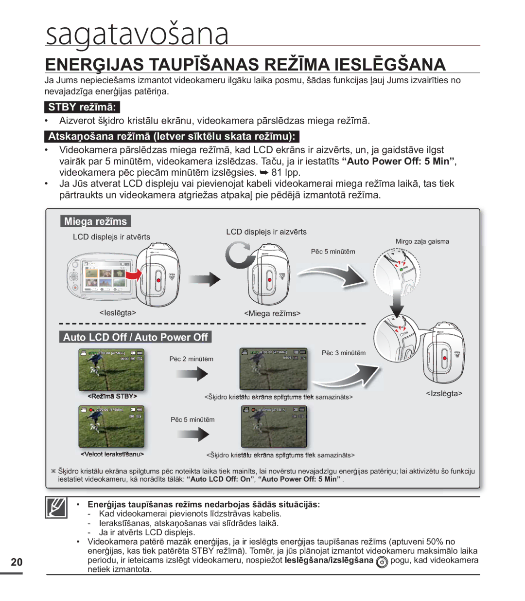 Samsung SMX-C20BP/EDC Enerģijas Taupīšanas Režīma Ieslēgšana, Stby režīmā, Atskaņošana režīmā Ietver sīktēlu skata režīmu 