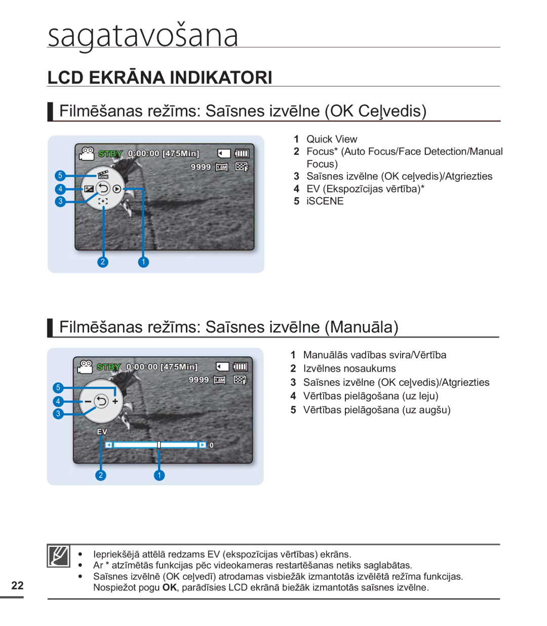 Samsung SMX-C20BP/EDC manual Filmēšanas režīms Saīsnes izvēlne OK Ceļvedis, Filmēšanas režīms Saīsnes izvēlne Manuāla 