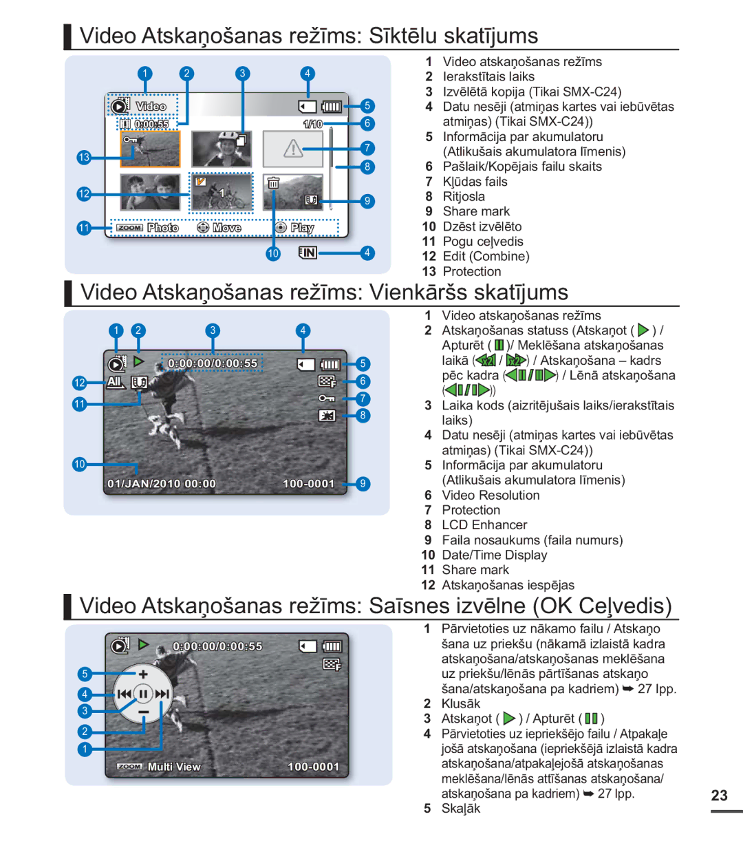 Samsung SMX-C20BP/XEB manual Video Atskaņošanas režīms Sīktēlu skatījums, Video Atskaņošanas režīms Vienkāršs skatījums 