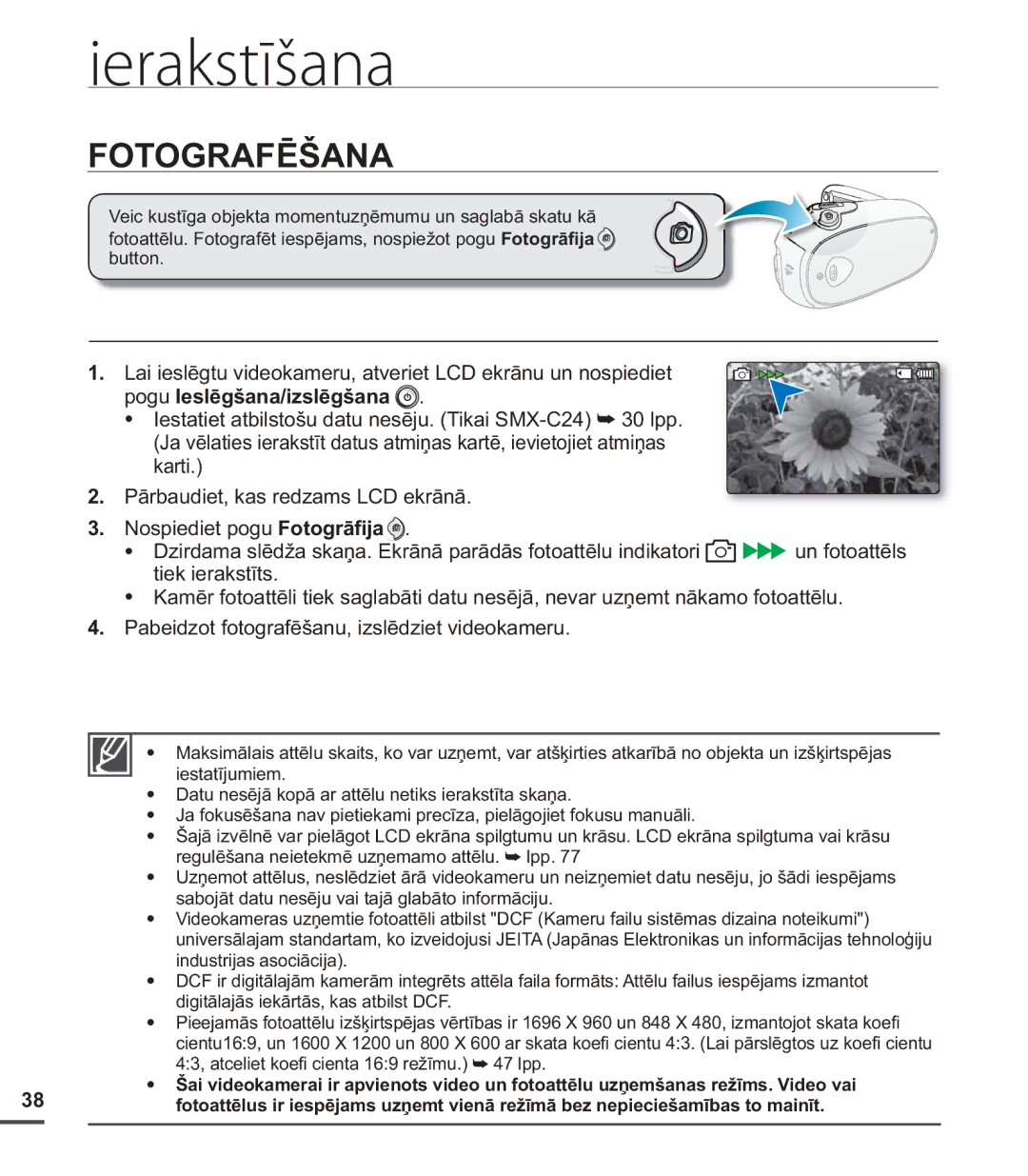 Samsung SMX-C20BP/EDC, SMX-C20BP/XEB manual Fotografēšana 