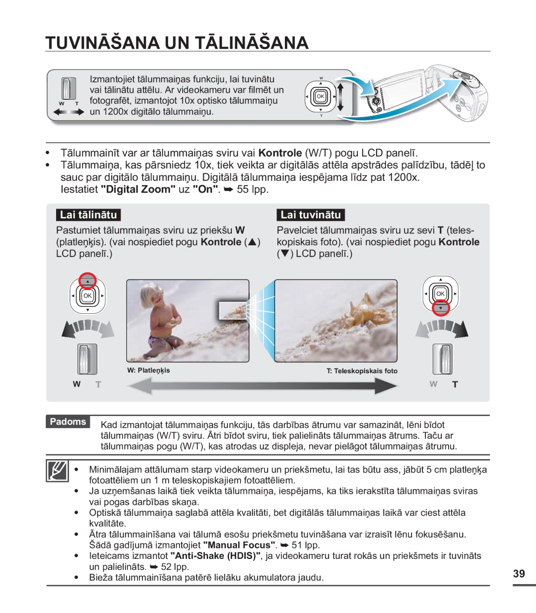 Samsung SMX-C20BP/XEB, SMX-C20BP/EDC manual Tuvināšana UN Tālināšana, Lai tālinātu 