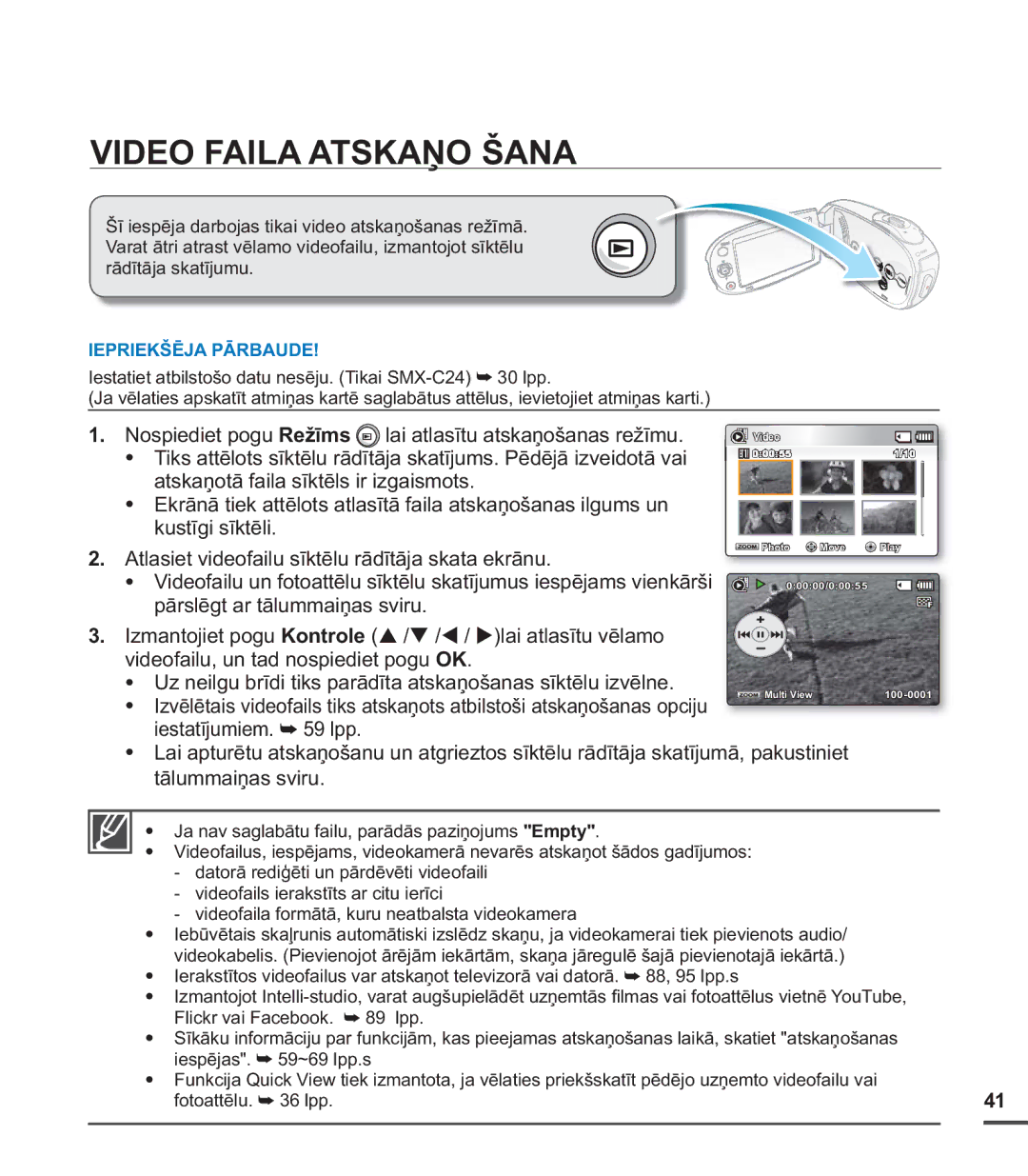 Samsung SMX-C20BP/XEB, SMX-C20BP/EDC manual Video Faila Atskaņo Šana 