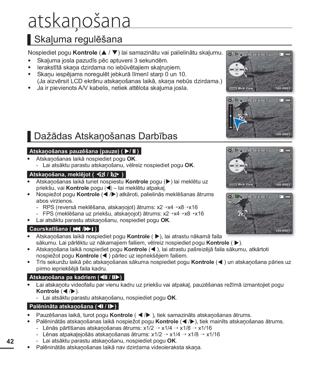 Samsung SMX-C20BP/EDC, SMX-C20BP/XEB manual Skaļuma regulēšana, Dažādas Atskaņošanas Darbības 