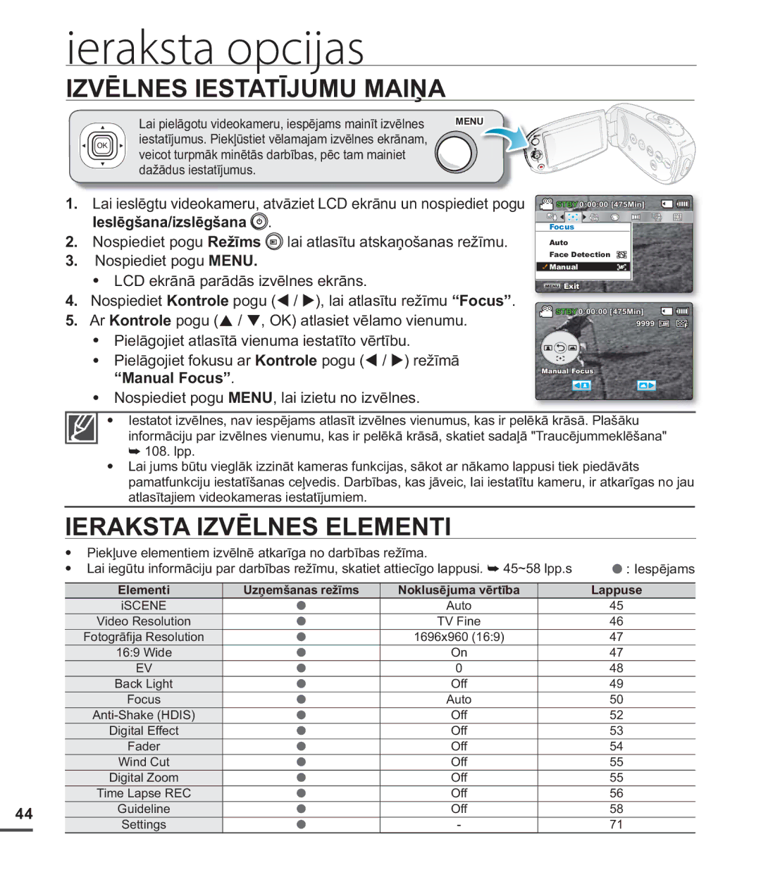 Samsung SMX-C20BP/EDC, SMX-C20BP/XEB manual Ieraksta opcijas, Izvēlnes Iestatījumu Maiņa, Ieraksta Izvēlnes Elementi 