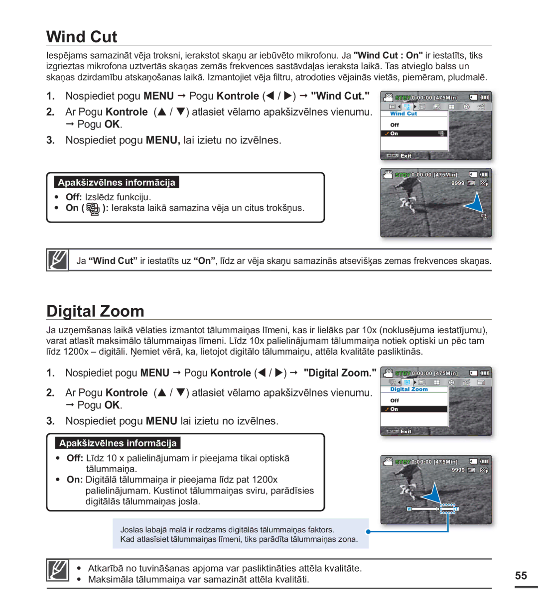 Samsung SMX-C20BP/XEB, SMX-C20BP/EDC manual Wind Cut, Nospiediet pogu Menu Pogu Kontrole / Digital Zoom 