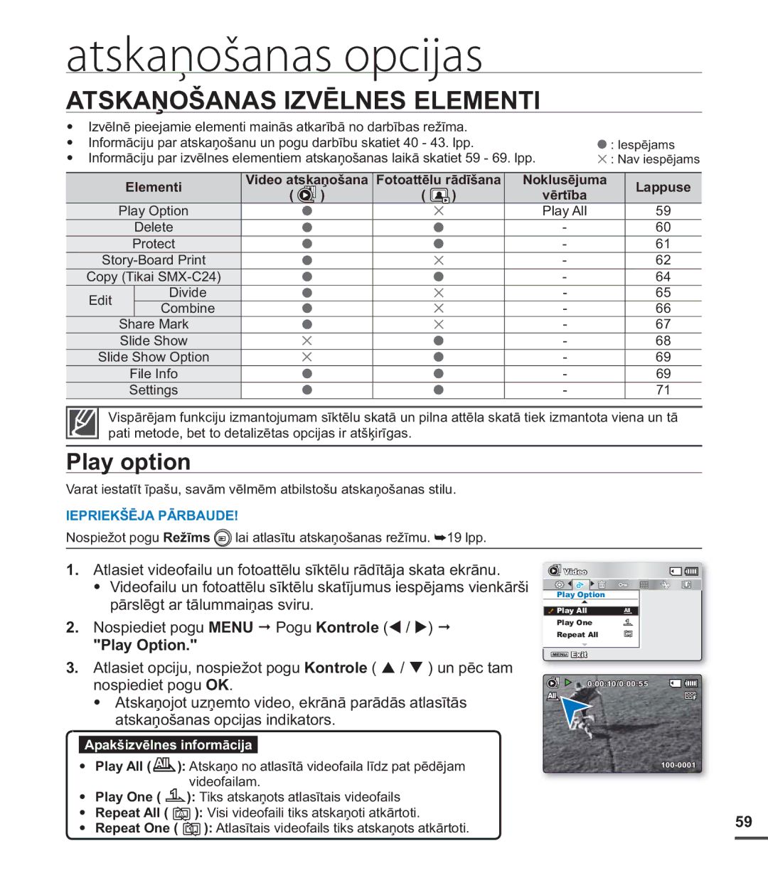 Samsung SMX-C20BP/XEB, SMX-C20BP/EDC manual Atskaņošanas opcijas, Atskaņošanas Izvēlnes Elementi, Play option, Play Option 