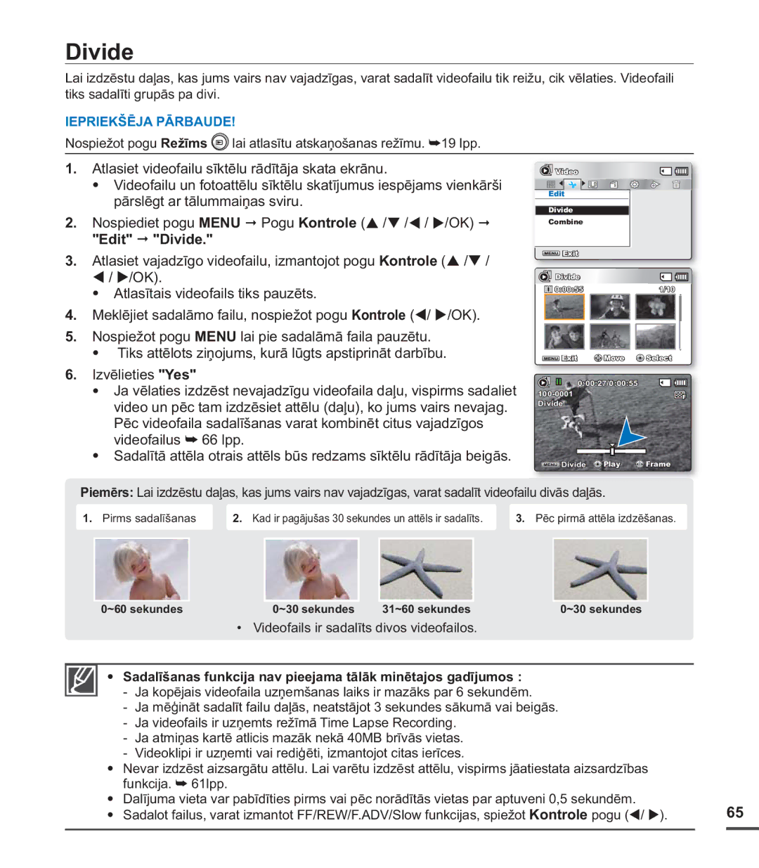 Samsung SMX-C20BP/XEB, SMX-C20BP/EDC manual Divide, Videofails ir sadalīts divos videofailos 