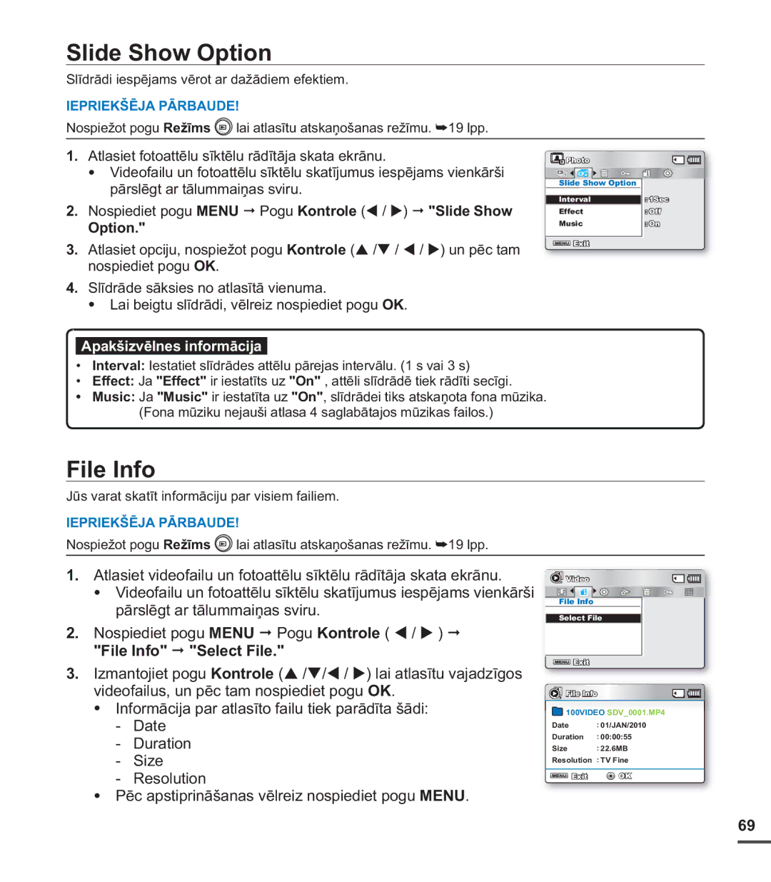 Samsung SMX-C20BP/XEB, SMX-C20BP/EDC manual Slide Show Option, File Info, Slīdrādi iespējams vērot ar dažādiem efektiem 