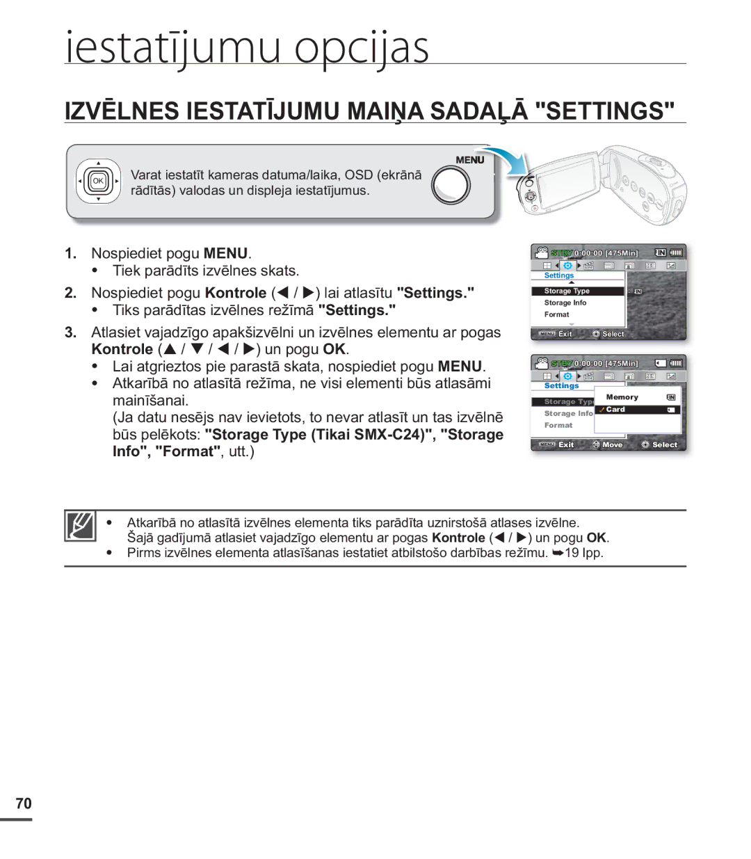 Samsung SMX-C20BP/EDC, SMX-C20BP/XEB manual Iestatījumu opcijas, Izvēlnes Iestatījumu Maiņa Sadaļā Settings 