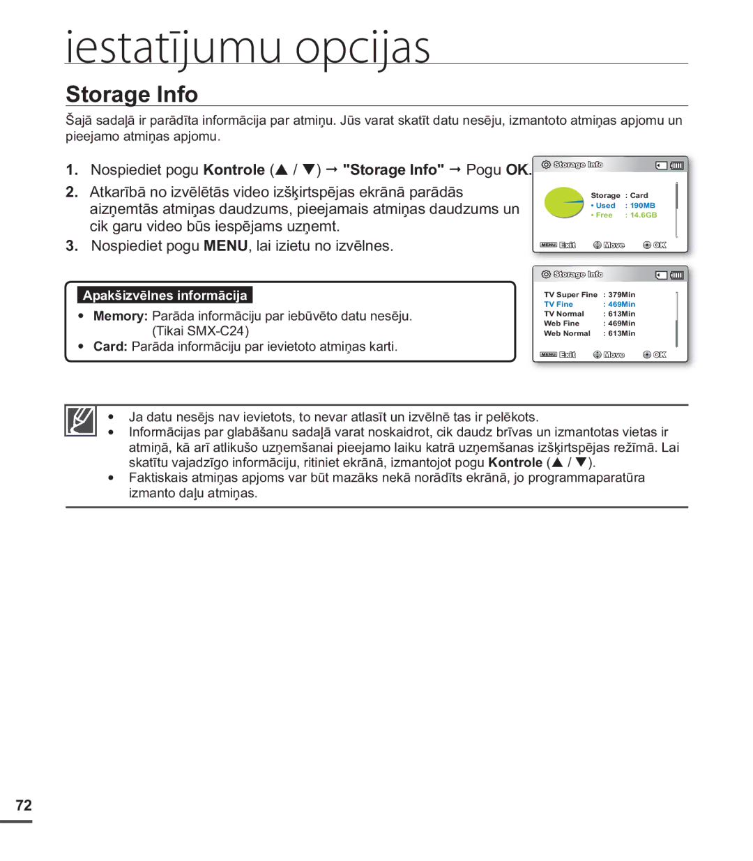 Samsung SMX-C20BP/EDC, SMX-C20BP/XEB manual Nospiediet pogu Kontrole / Storage Info Pogu OK 