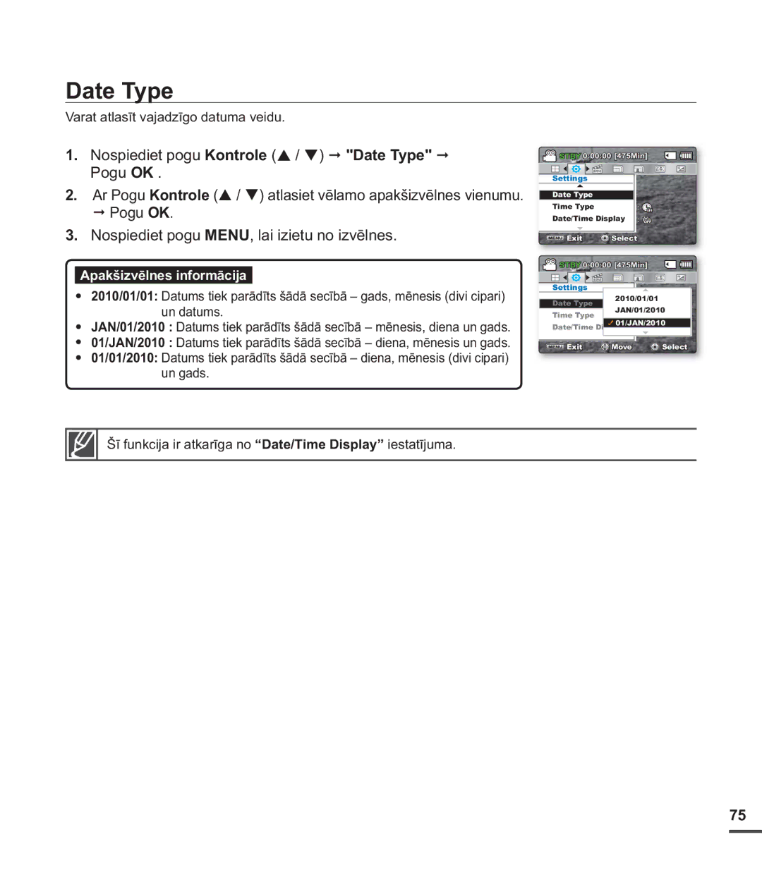 Samsung SMX-C20BP/XEB, SMX-C20BP/EDC manual Date Type, Varat atlasīt vajadzīgo datuma veidu 