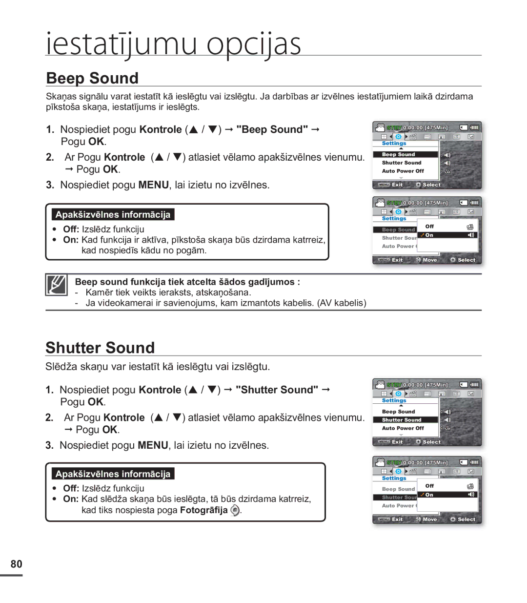 Samsung SMX-C20BP/EDC, SMX-C20BP/XEB manual Beep Sound, Shutter Sound, Beep sound funkcija tiek atcelta šādos gadījumos 