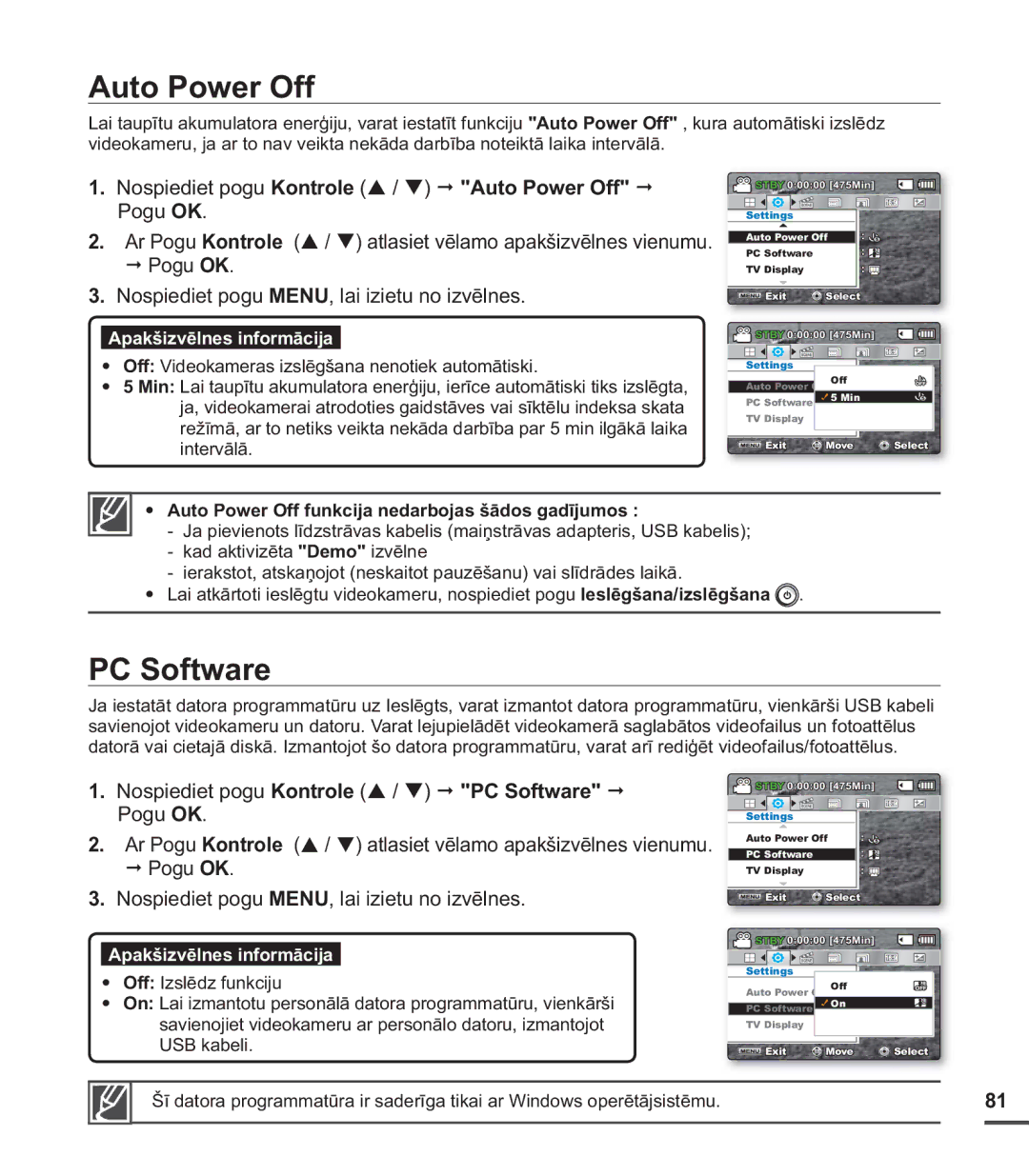 Samsung SMX-C20BP/XEB, SMX-C20BP/EDC manual PC Software, Auto Power Off funkcija nedarbojas šādos gadījumos 