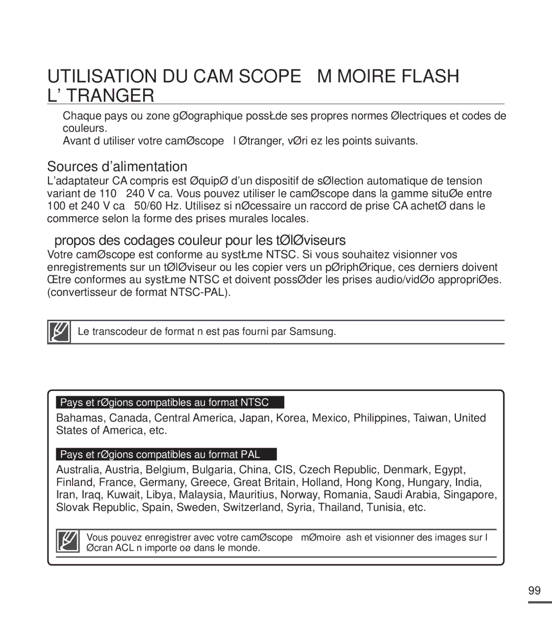 Samsung SMX-C20BN/XAA, SMX-C20LN/XAA manual Utilisation DU Caméscope À Mémoire Flash À Létranger, Sources dalimentation 