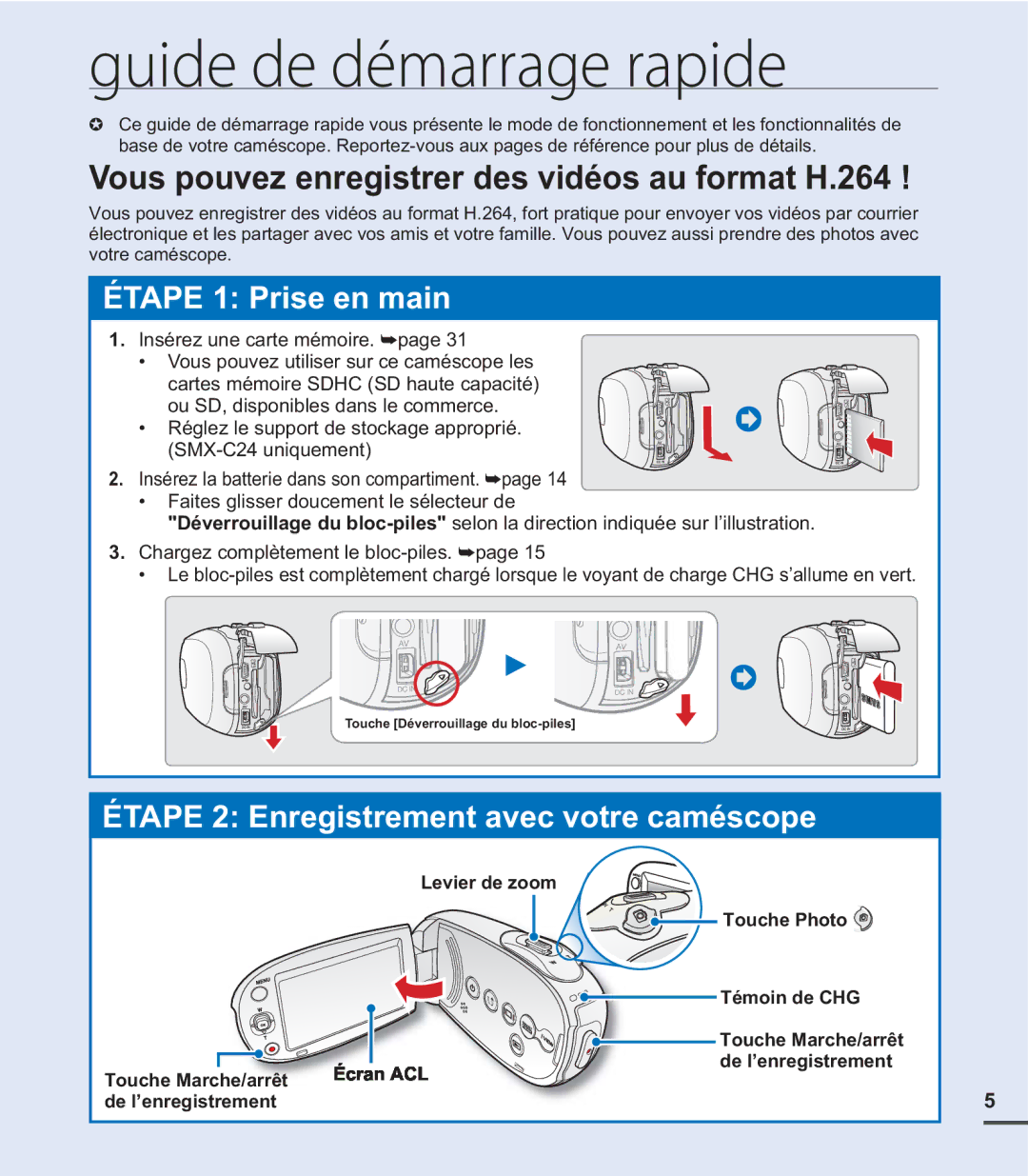 Samsung SMX-C20LN/XAA, SMX-C20BN/XAA manual Guide de démarrage rapide, Vous pouvez enregistrer des vidéos au format H.264 