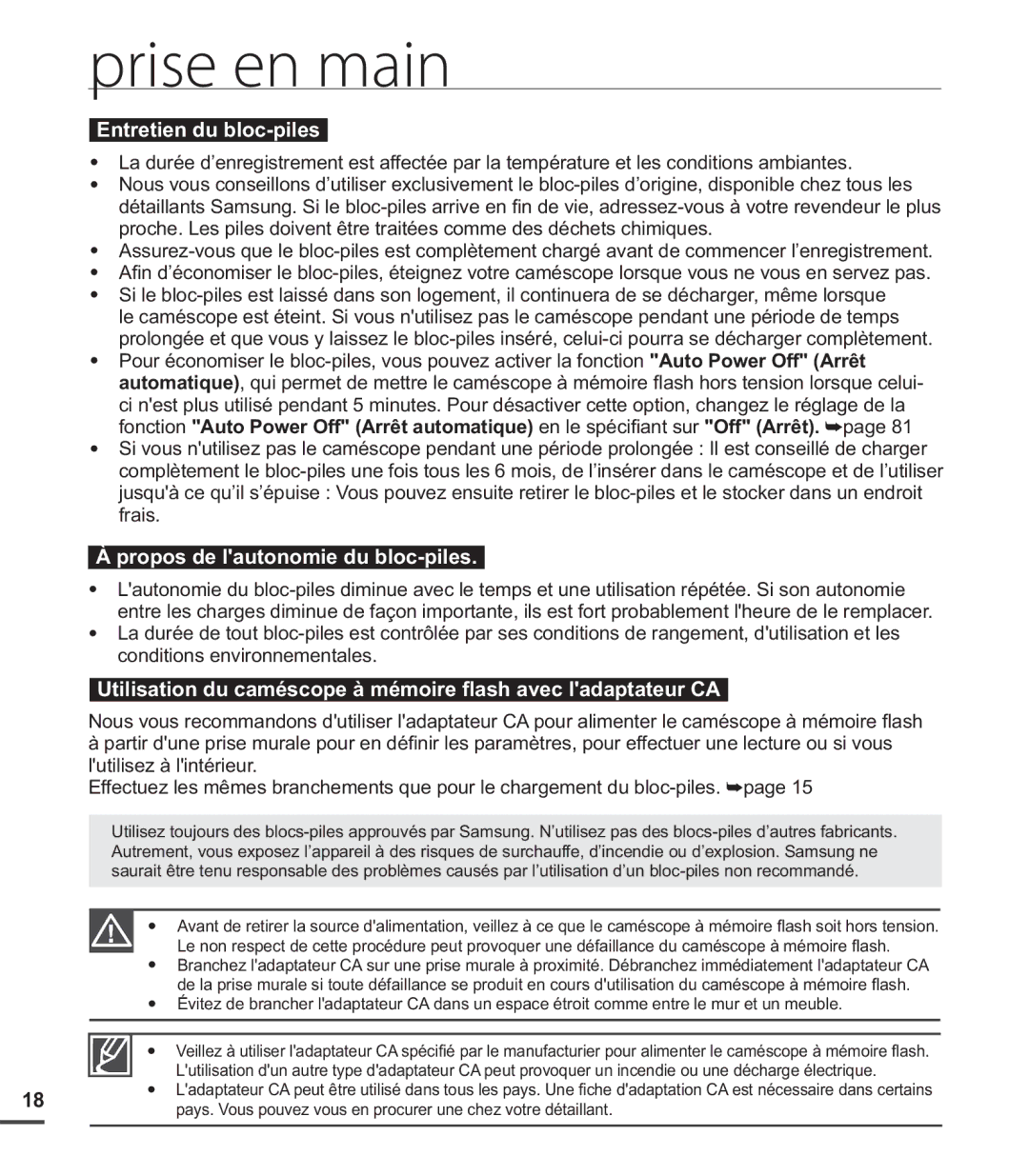 Samsung SMX-C20BN/XAA, SMX-C20LN/XAA, SMX-C20RN/XAA manual Entretien du bloc-piles, Propos de lautonomie du bloc-piles 