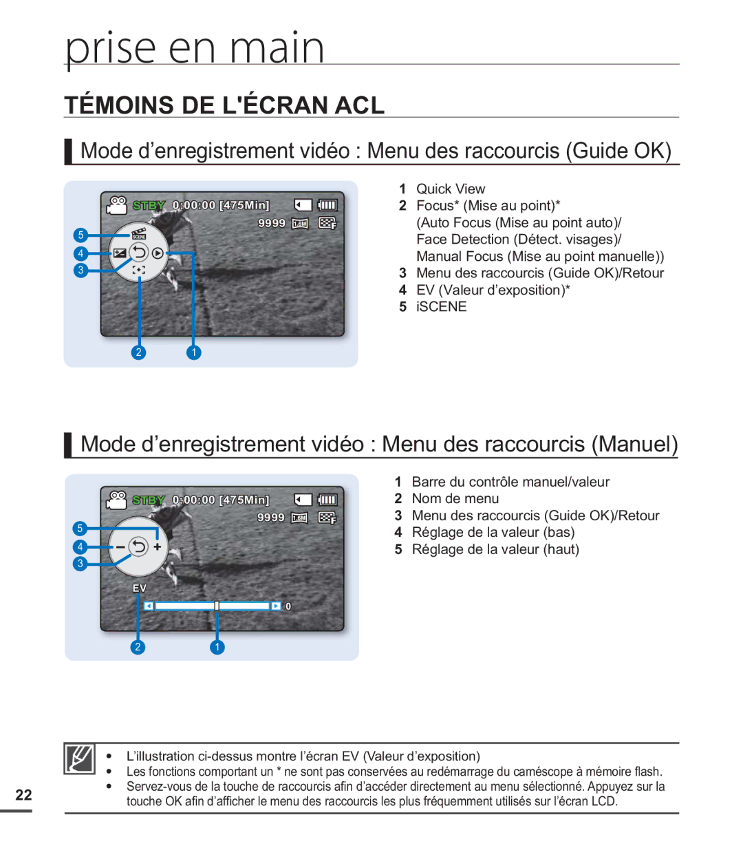 Samsung SMX-C20RN/XAA, SMX-C20LN/XAA manual Témoins DE Lécran ACL, Mode d’enregistrement vidéo Menu des raccourcis Guide OK 