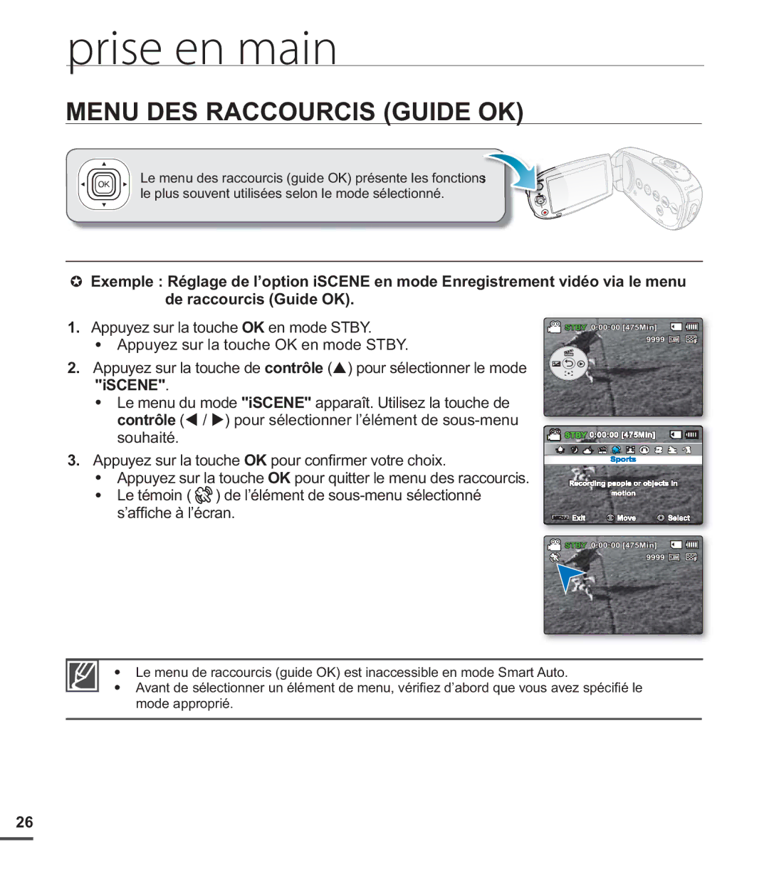 Samsung SMX-C20LN/XAA, SMX-C20BN/XAA Menu DES Raccourcis Guide OK, Le plus souvent utilisées selon le mode sélectionné 