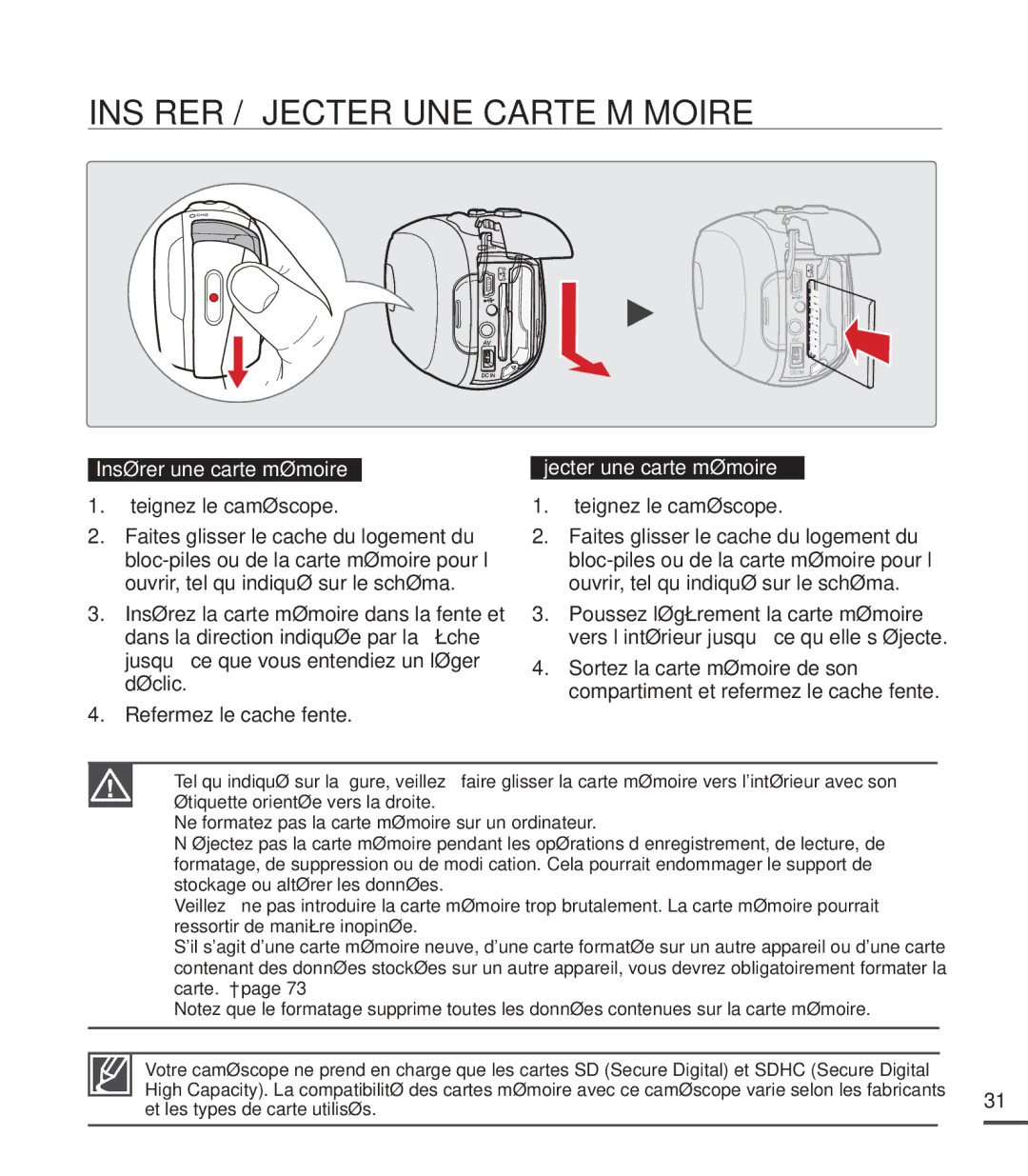 Samsung SMX-C20RN/XAA manual Insérer / Éjecter UNE Carte Mémoire, Insérer une carte mémoire, Éjecter une carte mémoire 