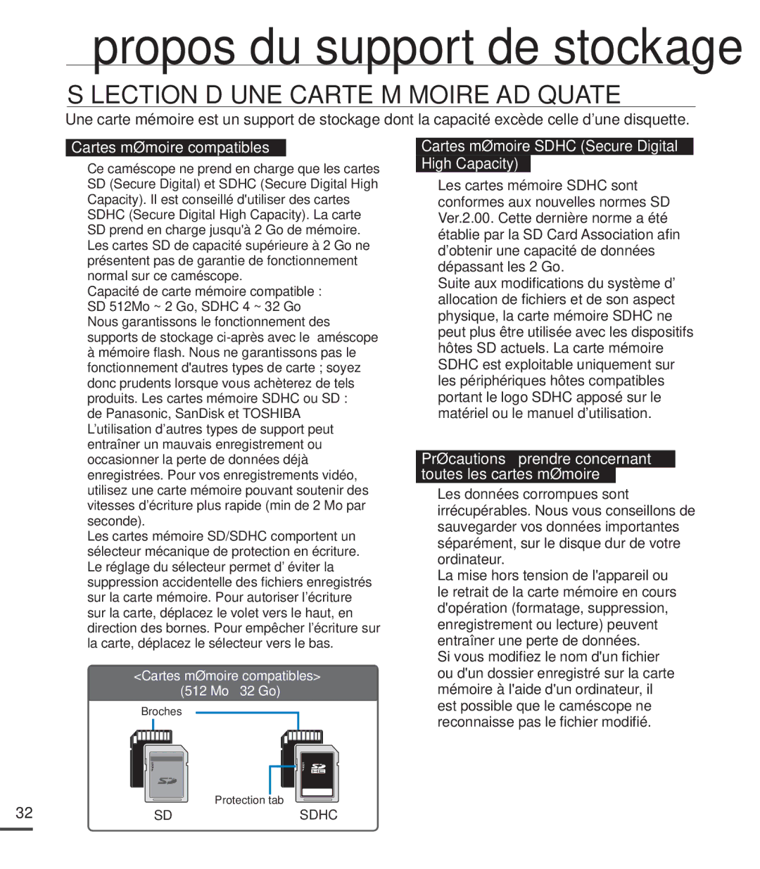 Samsung SMX-C20LN/XAA Sélection D’UNE Carte Mémoire Adéquate, Cartes mémoire compatibles, SD 512Mo ~ 2 Go, Sdhc 4 ~ 32 Go 