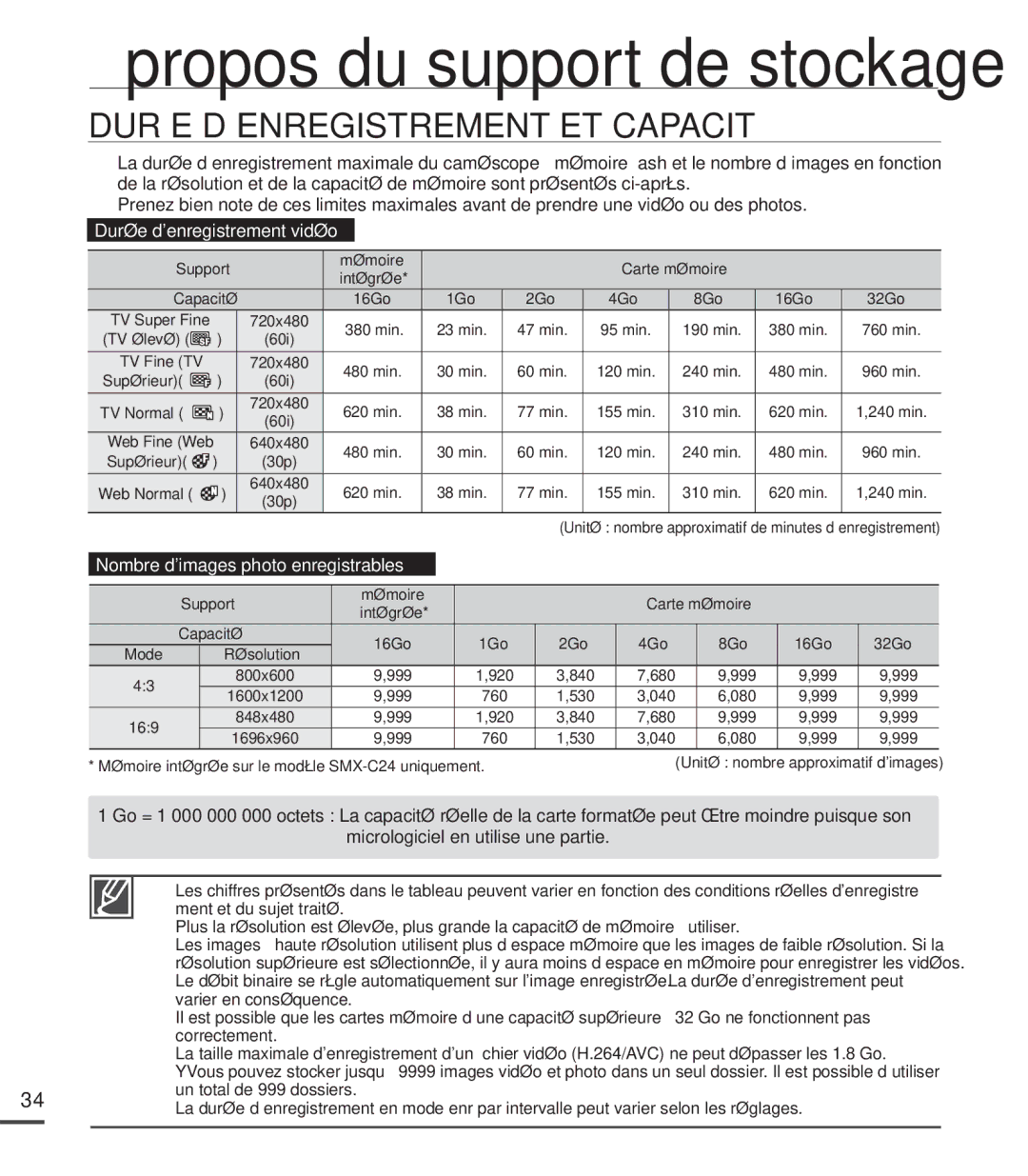 Samsung SMX-C20RN/XAA, SMX-C20LN/XAA, SMX-C20BN/XAA manual Durée D’ENREGISTREMENT ET Capacité, Durée denregistrement vidéo 