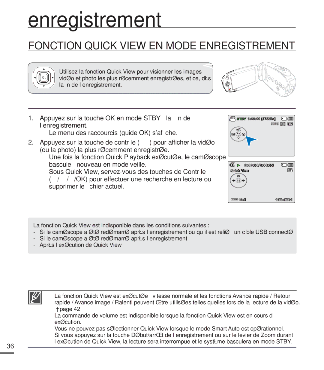 Samsung SMX-C20BN/XAA, SMX-C20LN/XAA, SMX-C20RN/XAA manual Fonction Quick View EN Mode Enregistrement 