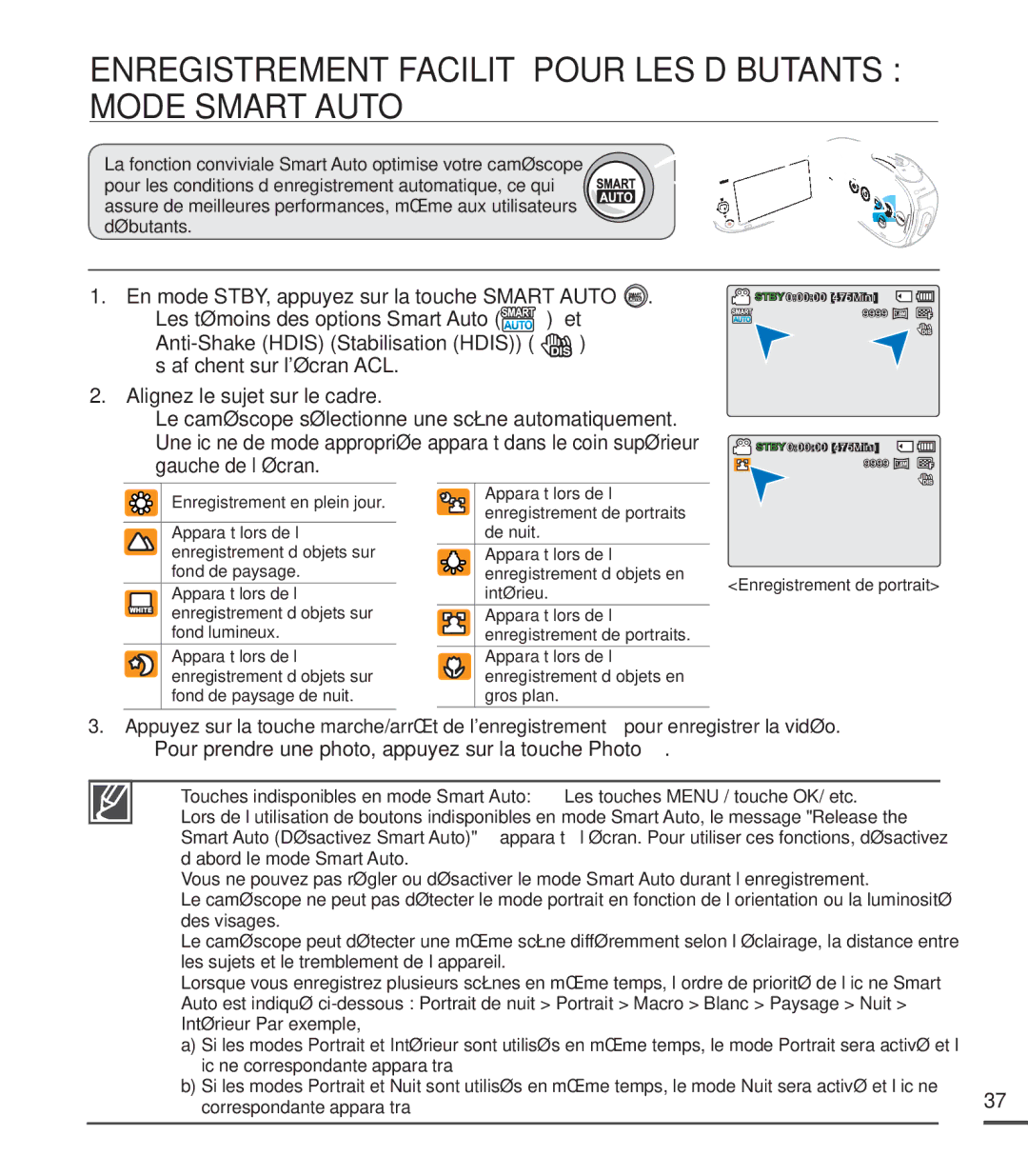 Samsung SMX-C20RN/XAA, SMX-C20LN/XAA, SMX-C20BN/XAA manual Enregistrement Facilité Pour LES Débutants Mode Smart Auto 