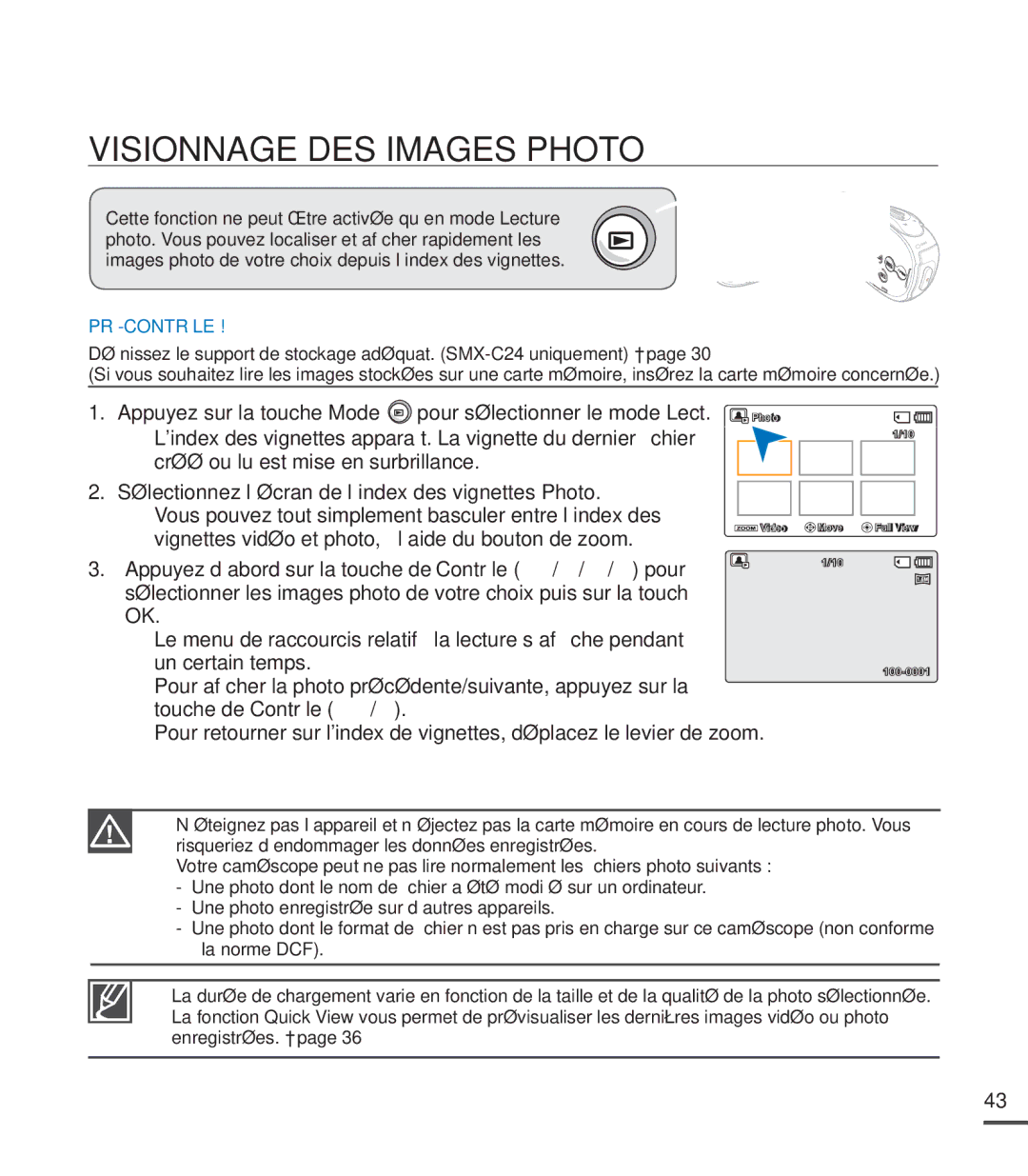 Samsung SMX-C20RN/XAA, SMX-C20LN/XAA, SMX-C20BN/XAA manual Visionnage DES Images Photo 