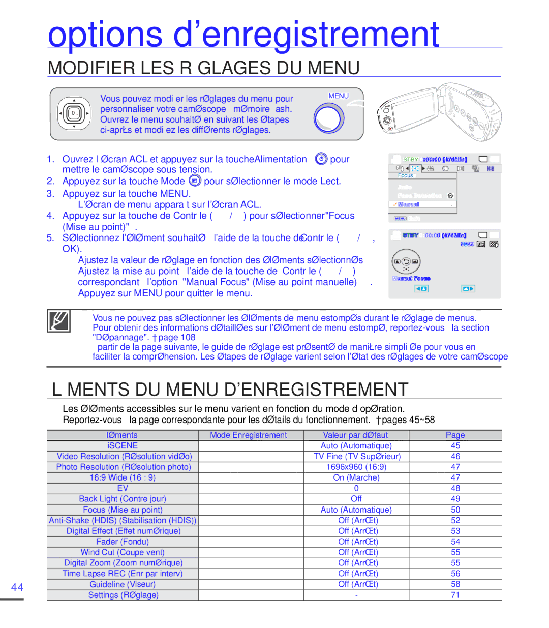 Samsung SMX-C20LN/XAA manual Options denregistrement, Modifier LES Réglages DU Menu, Éléments DU Menu Denregistrement 