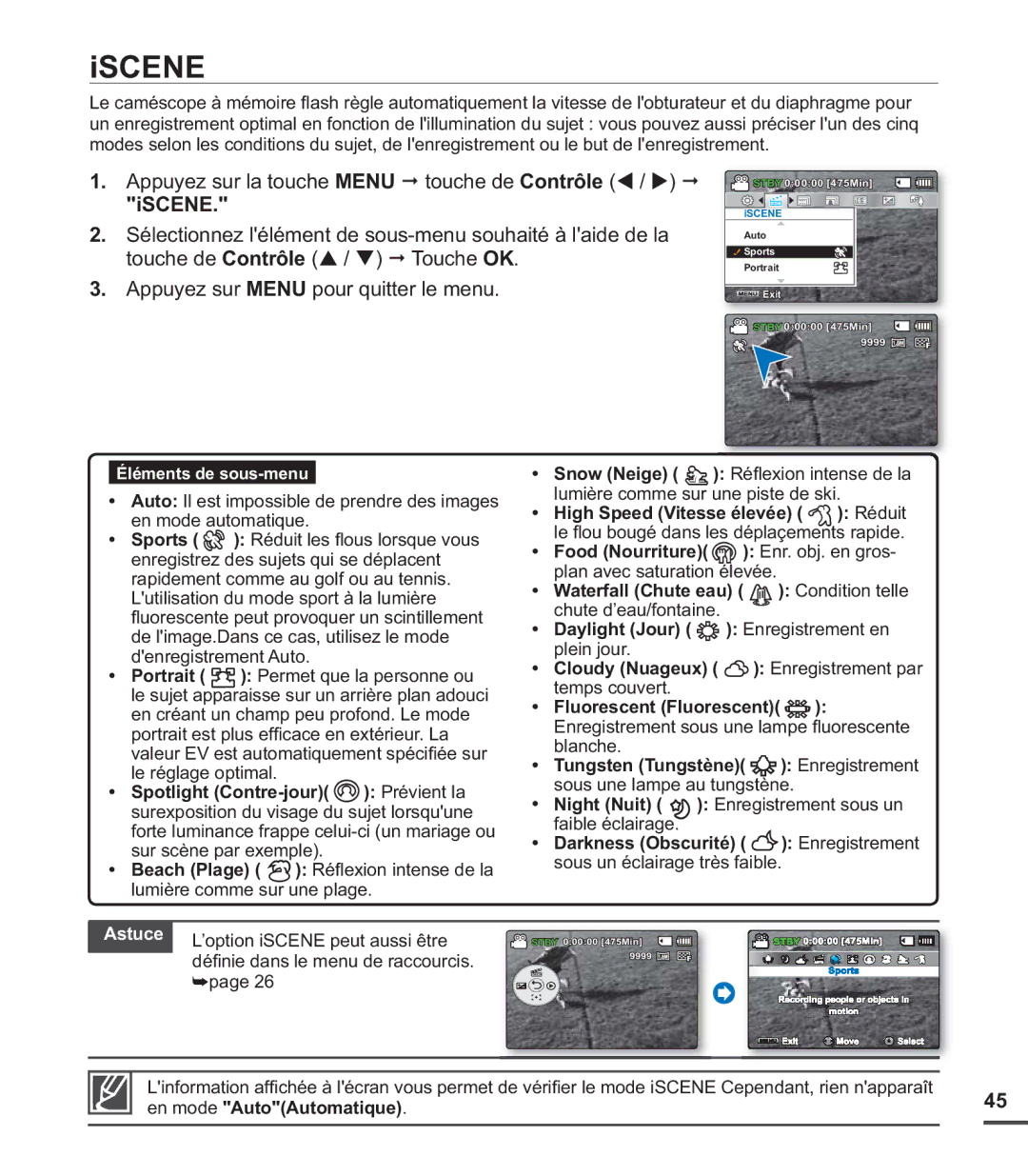 Samsung SMX-C20BN/XAA, SMX-C20LN/XAA Iscene, Night Nuit Enregistrement sous un faible éclairage, En mode AutoAutomatique 