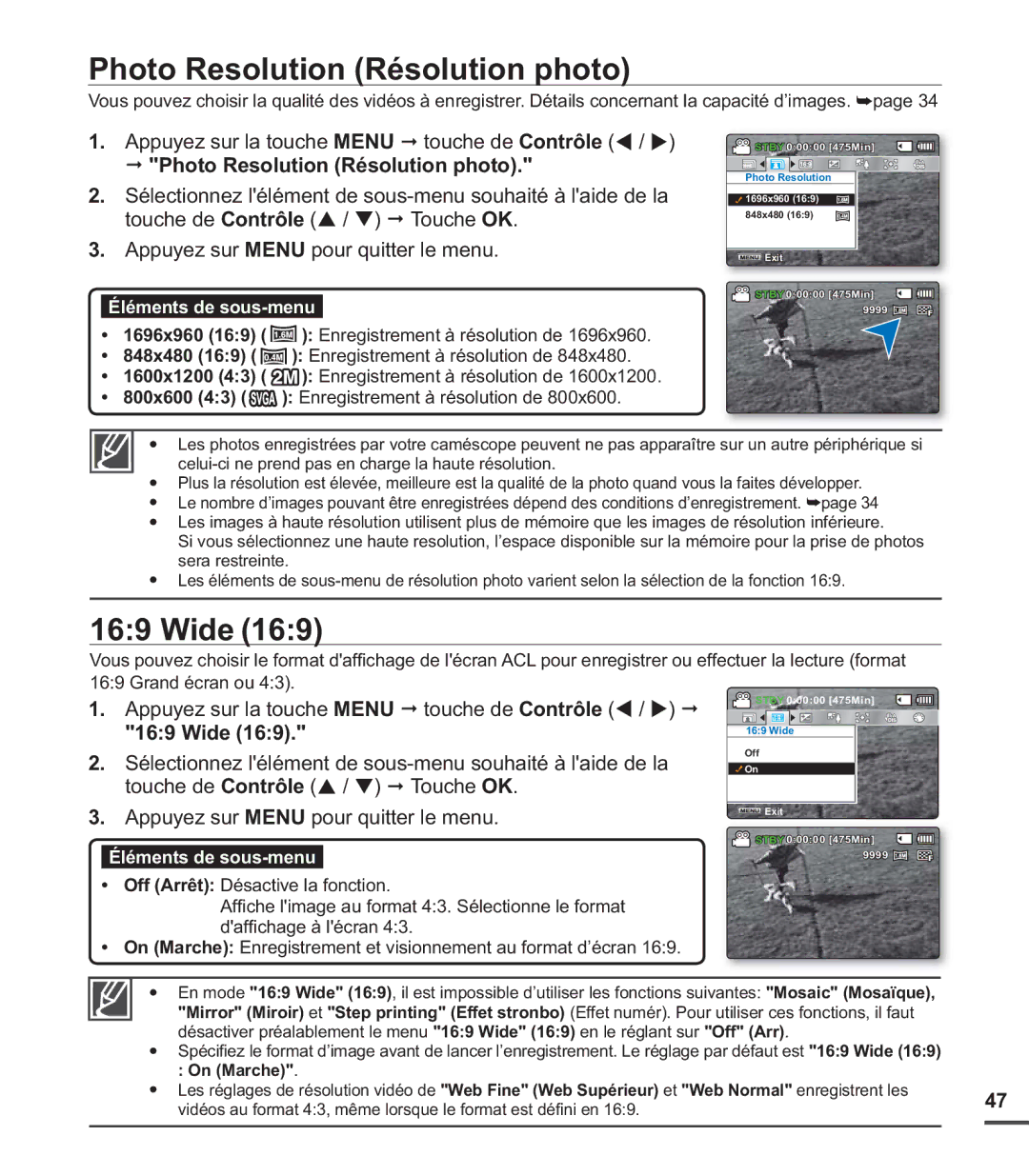 Samsung SMX-C20LN/XAA, SMX-C20BN/XAA, SMX-C20RN/XAA manual Photo Resolution Résolution photo, Wide, On Marche 