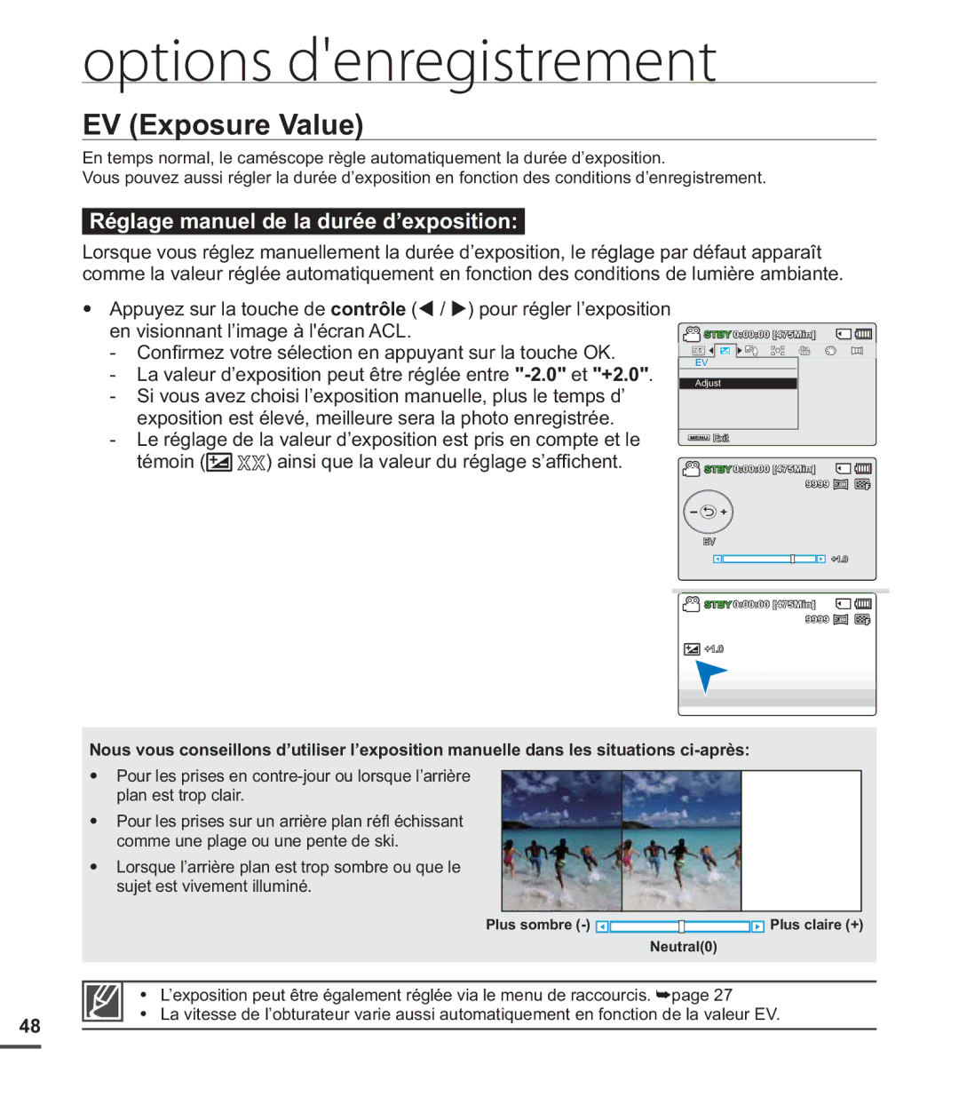 Samsung SMX-C20BN/XAA, SMX-C20LN/XAA, SMX-C20RN/XAA manual EV Exposure Value, Réglage manuel de la durée d’exposition 