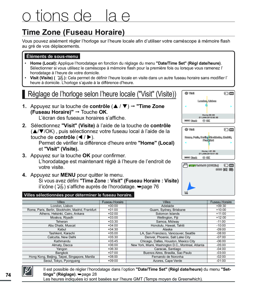 Samsung SMX-C20LN/XAA, SMX-C20BN/XAA, SMX-C20RN/XAA manual Time Zone Fuseau Horaire, Tings Réglage. ²page 