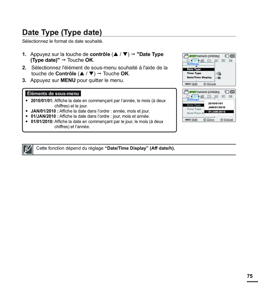 Samsung SMX-C20BN/XAA, SMX-C20LN/XAA, SMX-C20RN/XAA manual Date Type Type date, Sélectionnez le format de date souhaité 