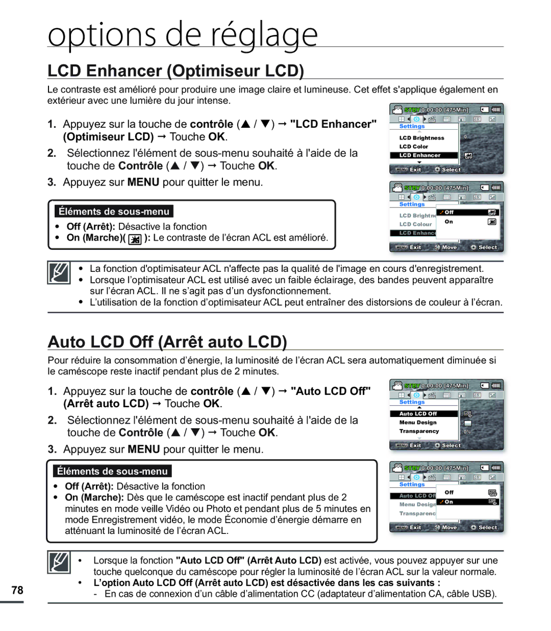 Samsung SMX-C20BN/XAA, SMX-C20LN/XAA, SMX-C20RN/XAA manual LCD Enhancer Optimiseur LCD, Auto LCD Off Arrêt auto LCD 