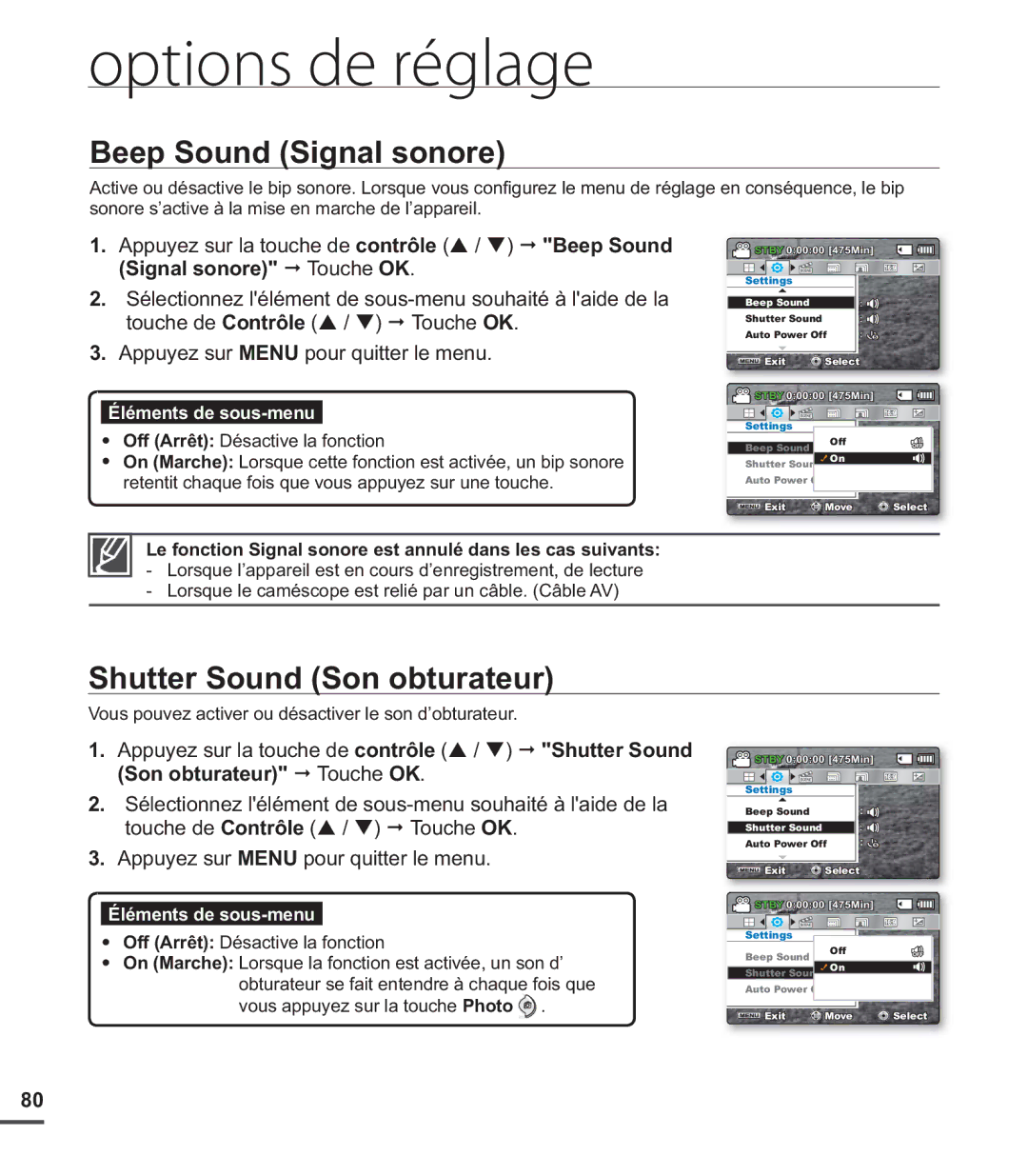 Samsung SMX-C20LN/XAA, SMX-C20BN/XAA, SMX-C20RN/XAA manual Beep Sound Signal sonore, Shutter Sound Son obturateur 