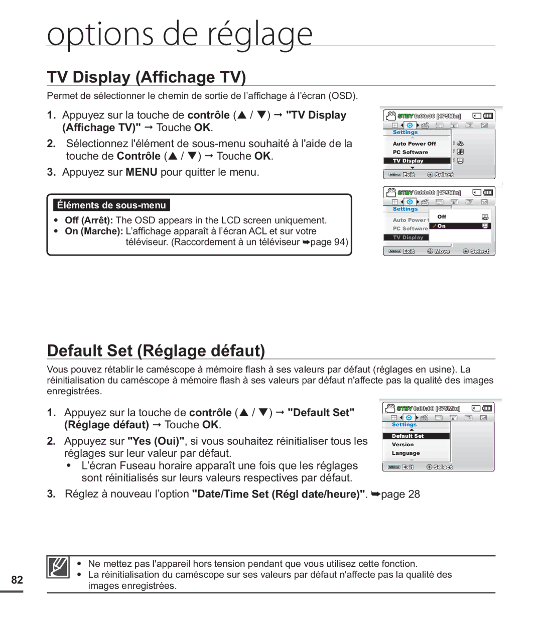 Samsung SMX-C20RN/XAA, SMX-C20LN/XAA, SMX-C20BN/XAA manual TV Display Afﬁchage TV, Default Set Réglage défaut 