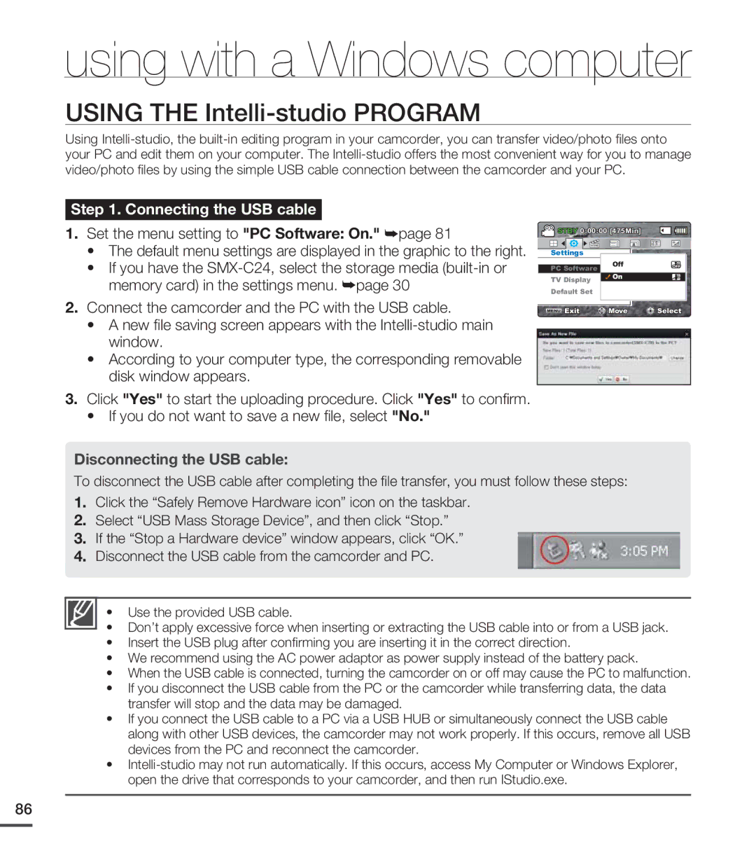 Samsung SMX-C20BN/XAA manual Set the menu setting to PC Software On. ²page, If you do not want to save a new ﬁle, select No 