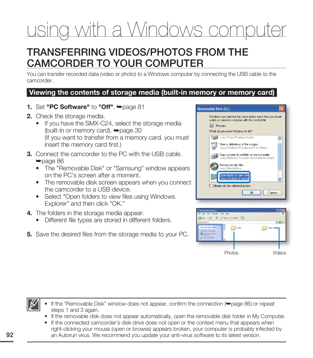 Samsung SMX-C20BN/XAA, SMX-C20LN/XAA, SMX-C20RN/XAA manual Set PC Software to Off. ²page 