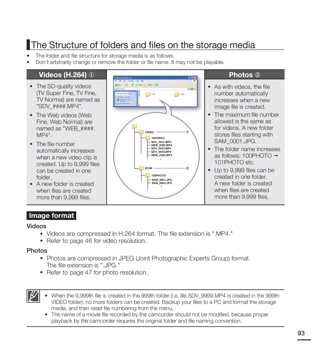 Samsung SMX-C20RN/XAA, SMX-C20LN/XAA, SMX-C20BN/XAA manual Structure of folders and ﬁles on the storage media, Videos H.264 y 