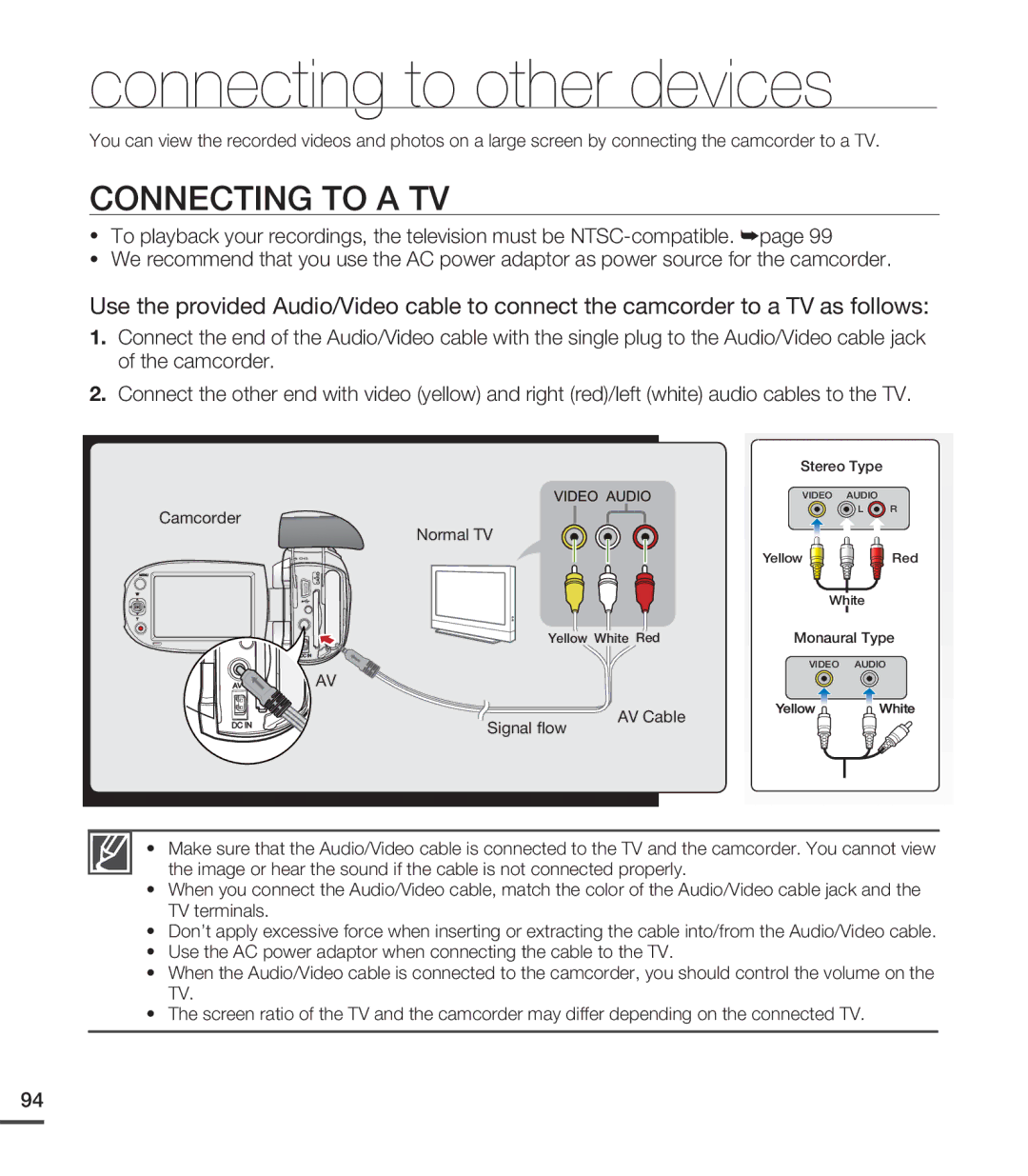 Samsung SMX-C20LN/XAA, SMX-C20BN/XAA, SMX-C20RN/XAA manual Connecting to other devices, Connecting to a TV 