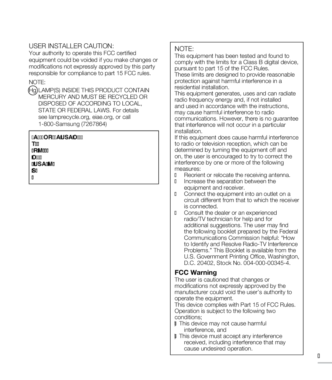 Samsung SMX-C20RN/XAA, SMX-C20LN/XAA, SMX-C20BN/XAA manual User Installer Caution, FCC Warning 