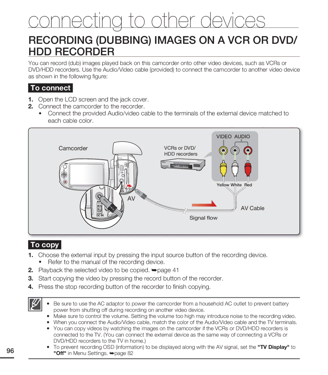 Samsung SMX-C20RN/XAA, SMX-C20LN/XAA manual Recording Dubbing Images on a VCR or DVD/ HDD Recorder, Camcorder, AV Cable 