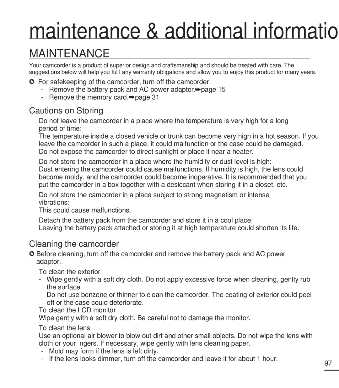 Samsung SMX-C20LN/XAA manual Maintenance, This could cause malfunctions, To clean the LCD monitor, To clean the lens 