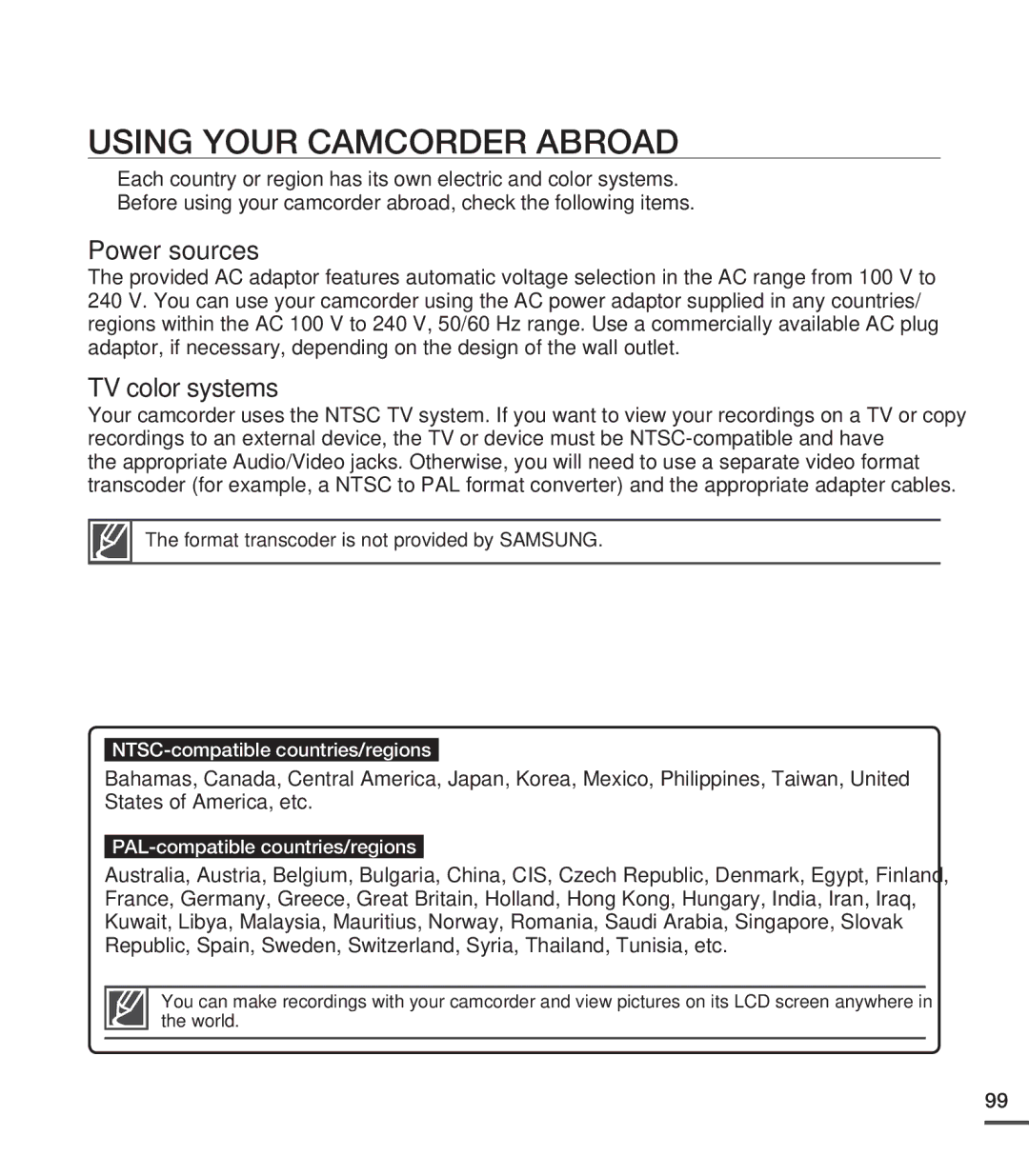 Samsung SMX-C20RN/XAA, SMX-C20LN/XAA, SMX-C20BN/XAA manual Using Your Camcorder Abroad, Power sources 