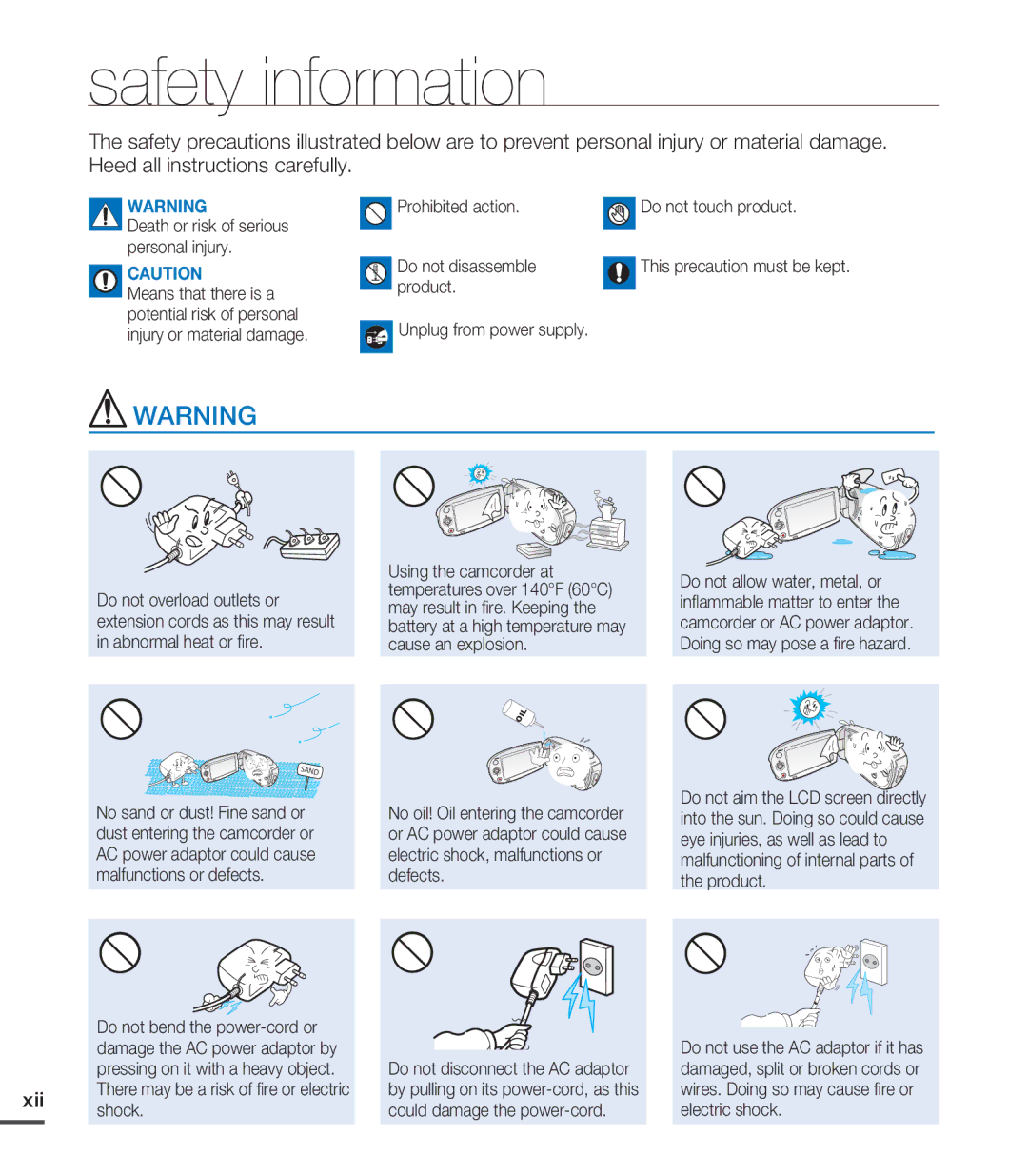 Samsung SMX-C20LN/XAA, SMX-C20BN/XAA, SMX-C20RN/XAA manual Safety information, Xii 