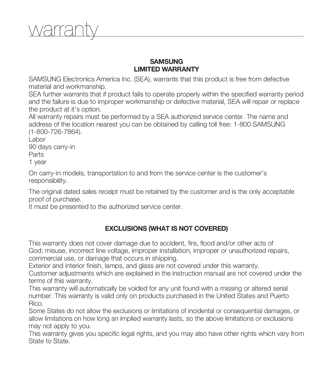 Samsung SMX-C20BN/XAA, SMX-C20LN/XAA, SMX-C20RN/XAA manual Warranty 