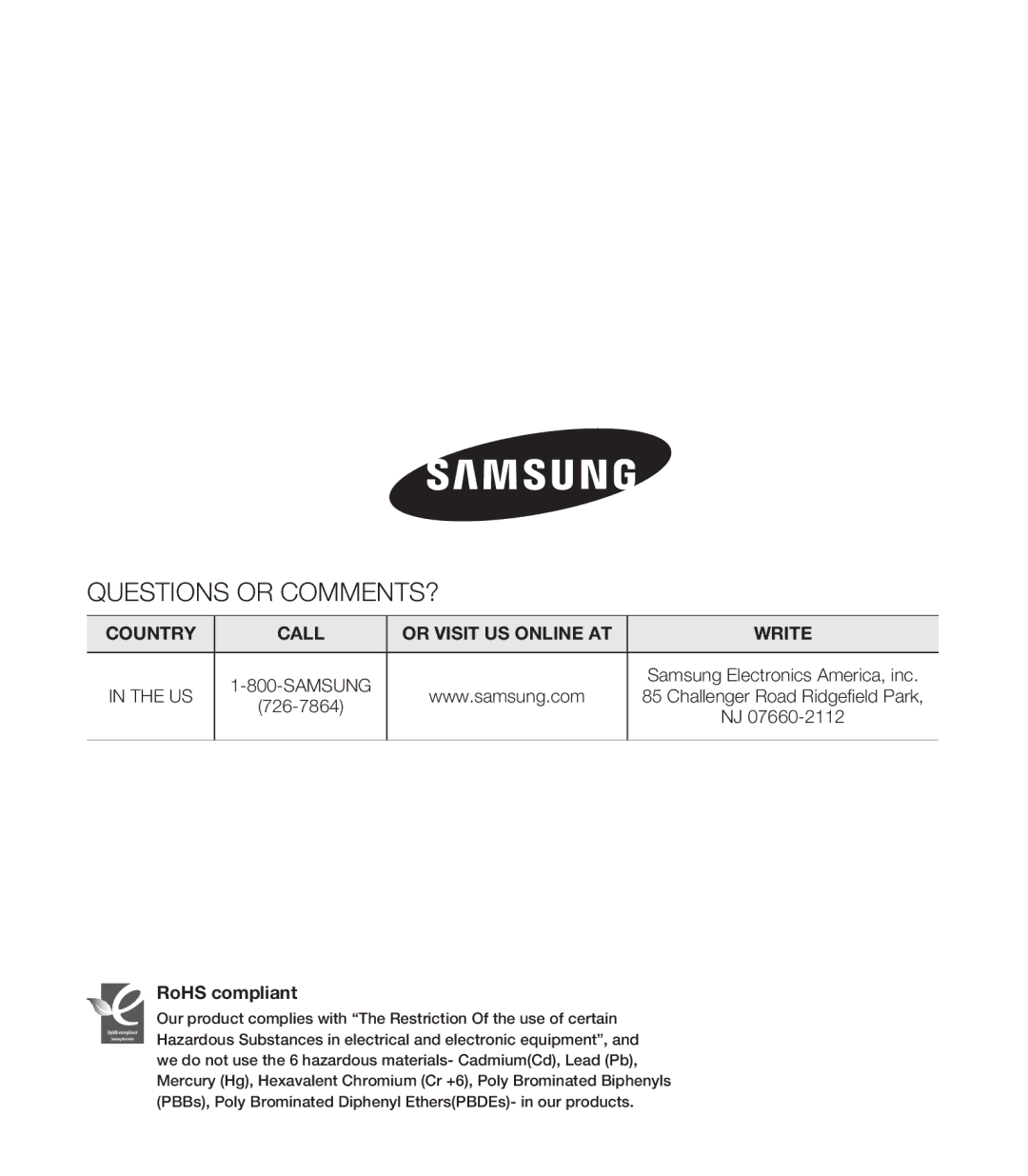 Samsung SMX-C20RN/XAA, SMX-C20LN/XAA, SMX-C20BN/XAA manual 726-7864, RoHS compliant 