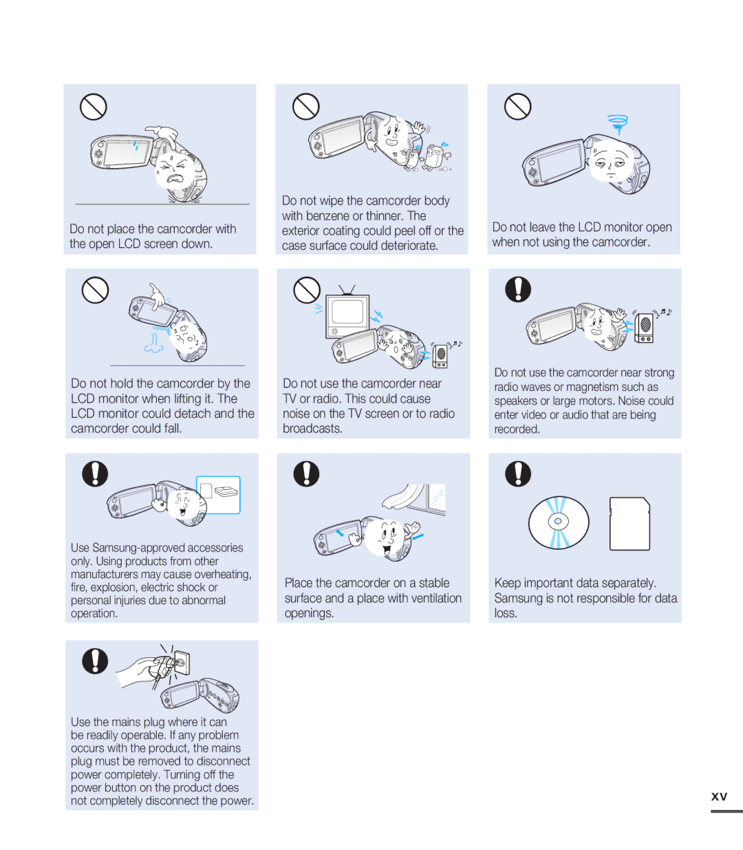 Samsung SMX-C20LN/XAA, SMX-C20BN/XAA, SMX-C20RN/XAA manual Do not place the camcorder with the open LCD screen down 