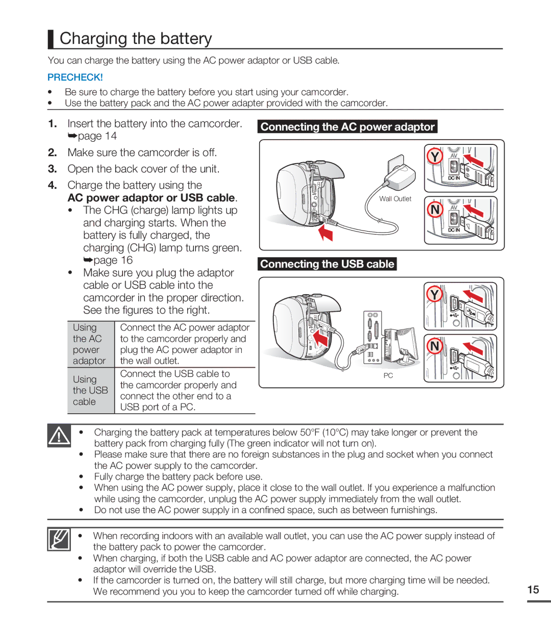 Samsung SMX-C20RN/XAA, SMX-C20LN/XAA, SMX-C20BN/XAA manual Charging the battery, AC power adaptor or USB cable 